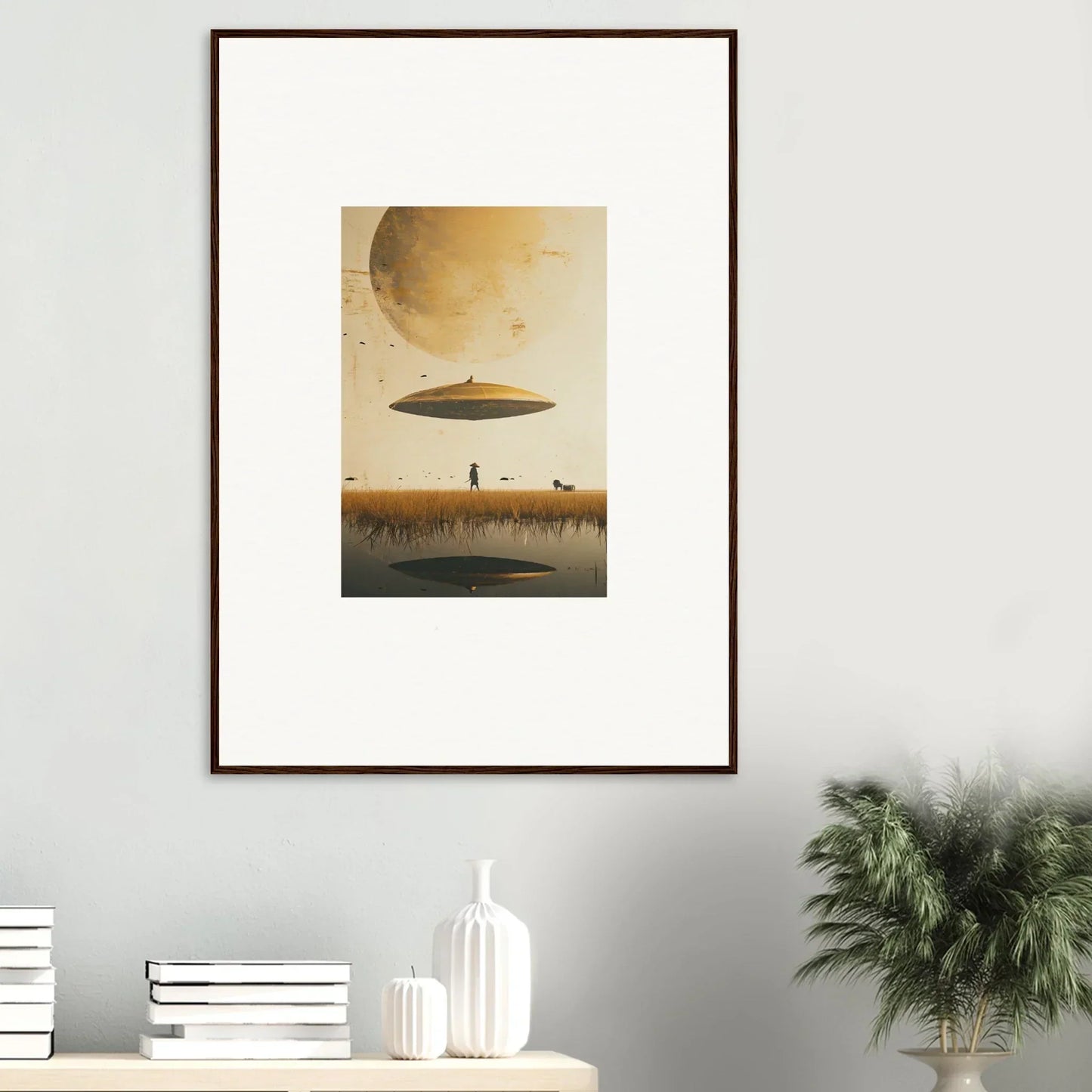 Framed wall art of a surreal landscape with a UFO, perfect room decor by Man Moon Havinpierson