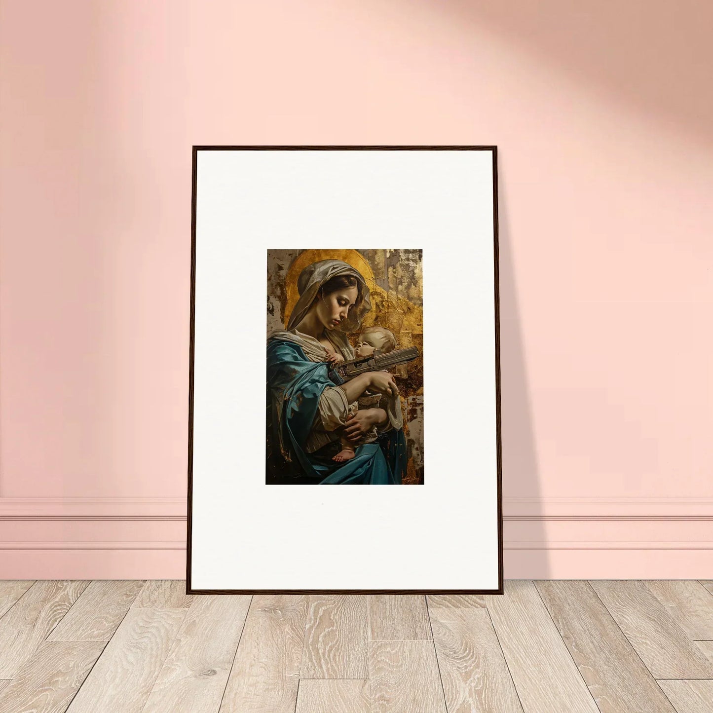 Framed wall art of Madonna and Child for elegant room decor with a halo ricochet theme