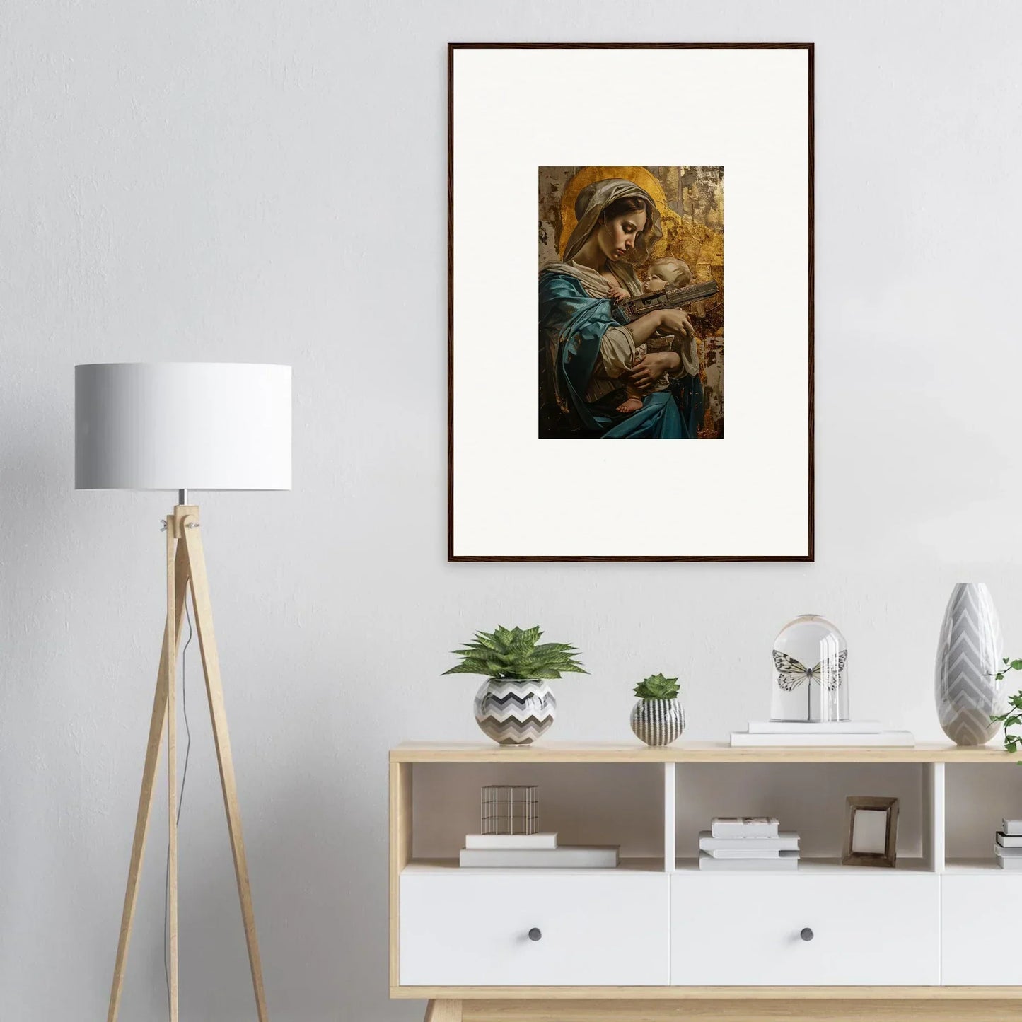 Framed wall art of a woman holding a baby, ideal for room decor, Halo Ricochet
