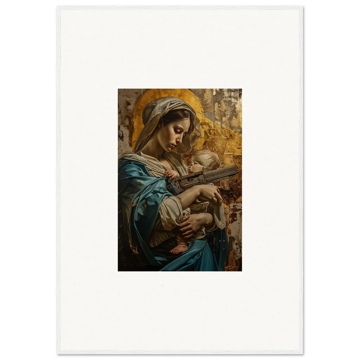 Painting of a woman in blue robes with baby and golden halo, ideal for room decor or framed wall art
