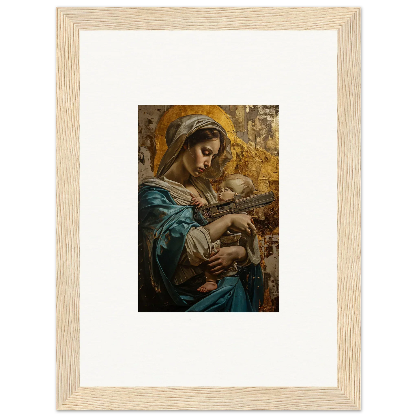 Framed wall art of a woman in blue robes holding an infant, perfect room decor