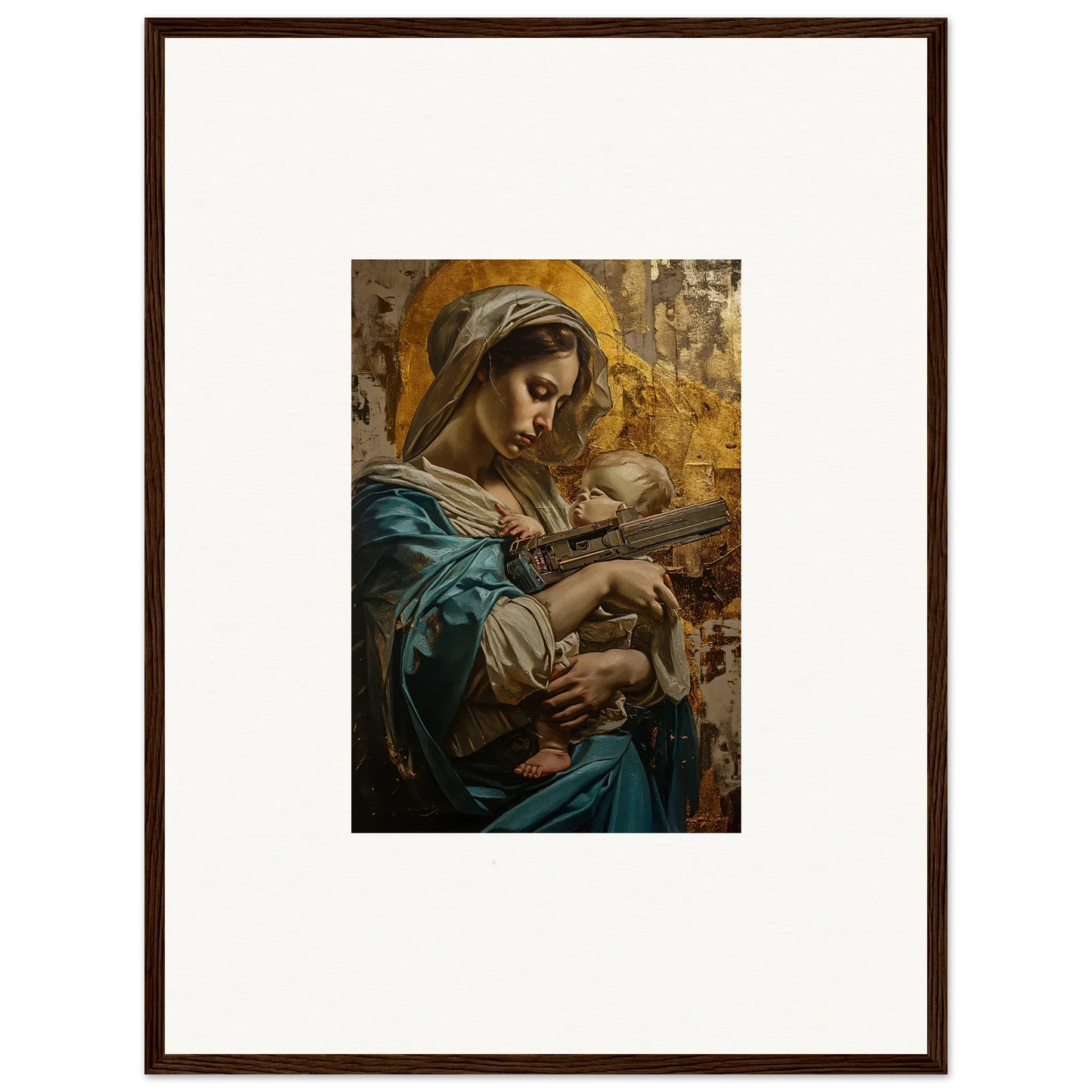 Framed wall art of a woman with a baby and golden halo for elegant room decor