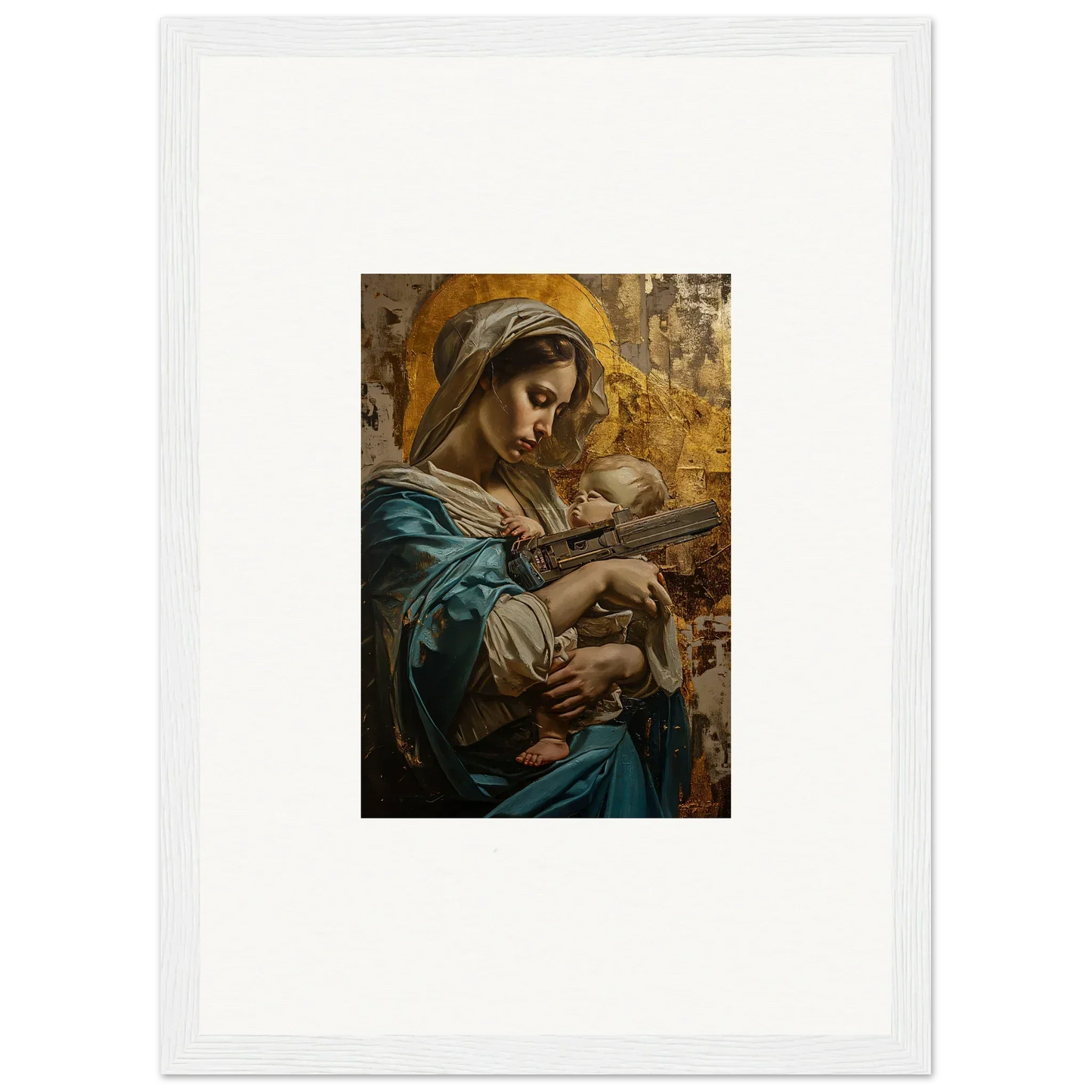 Painting of a woman in blue and gold robes holding a baby for elegant room decor