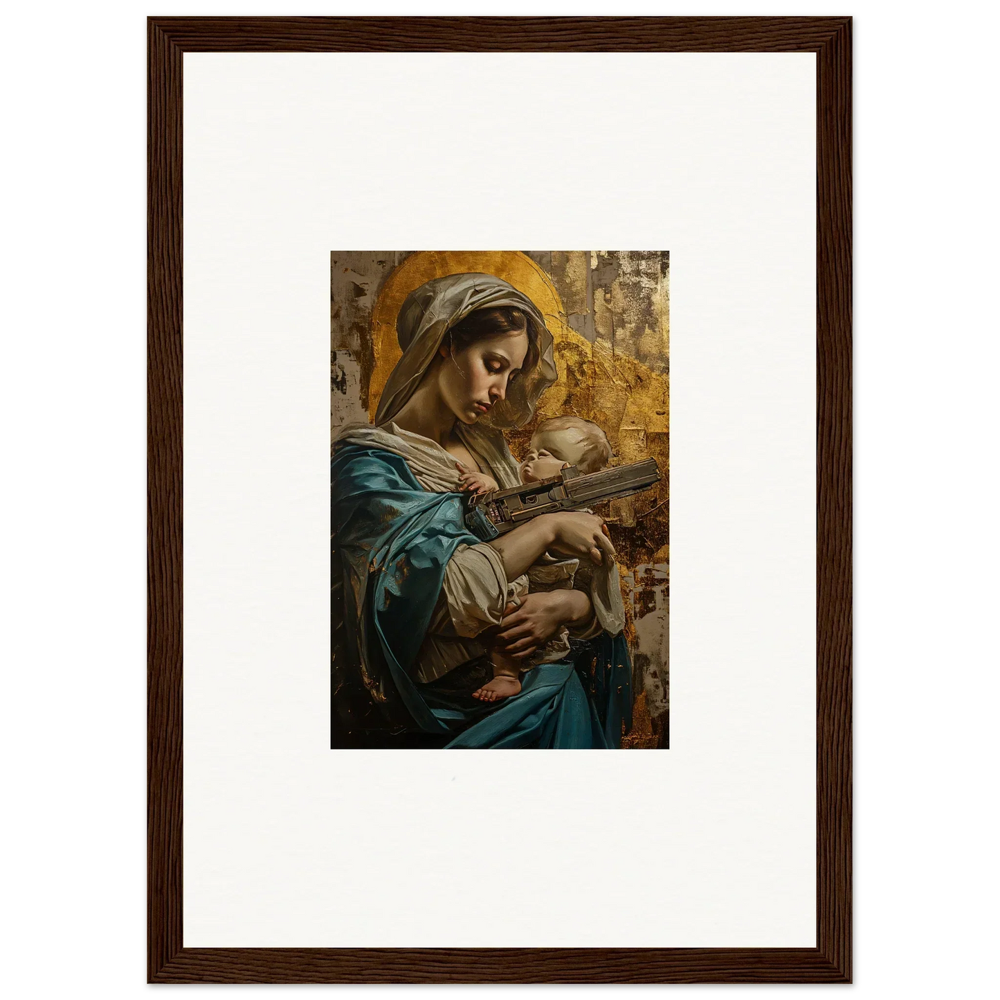 Framed wall art of a woman in blue robes with a baby for stylish room decor