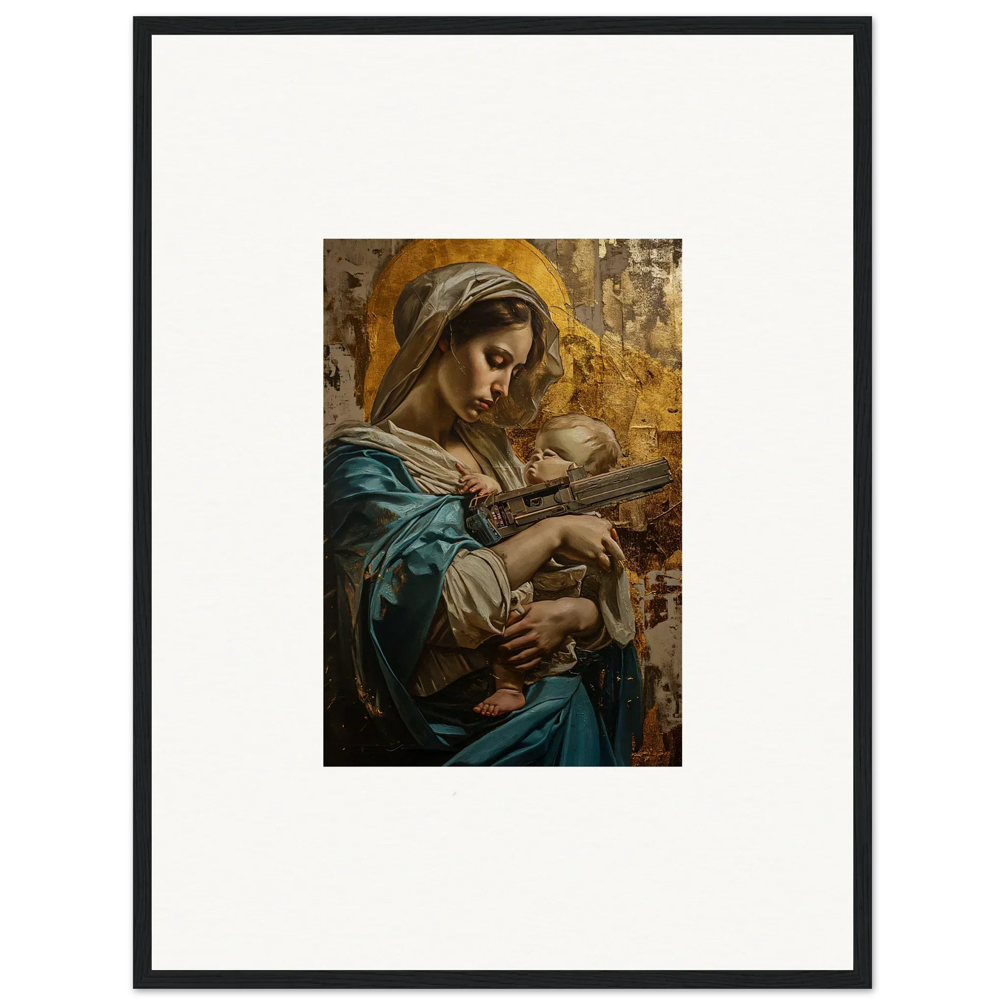 Framed wall art of a woman in blue and gold robes with infant for stylish room decor