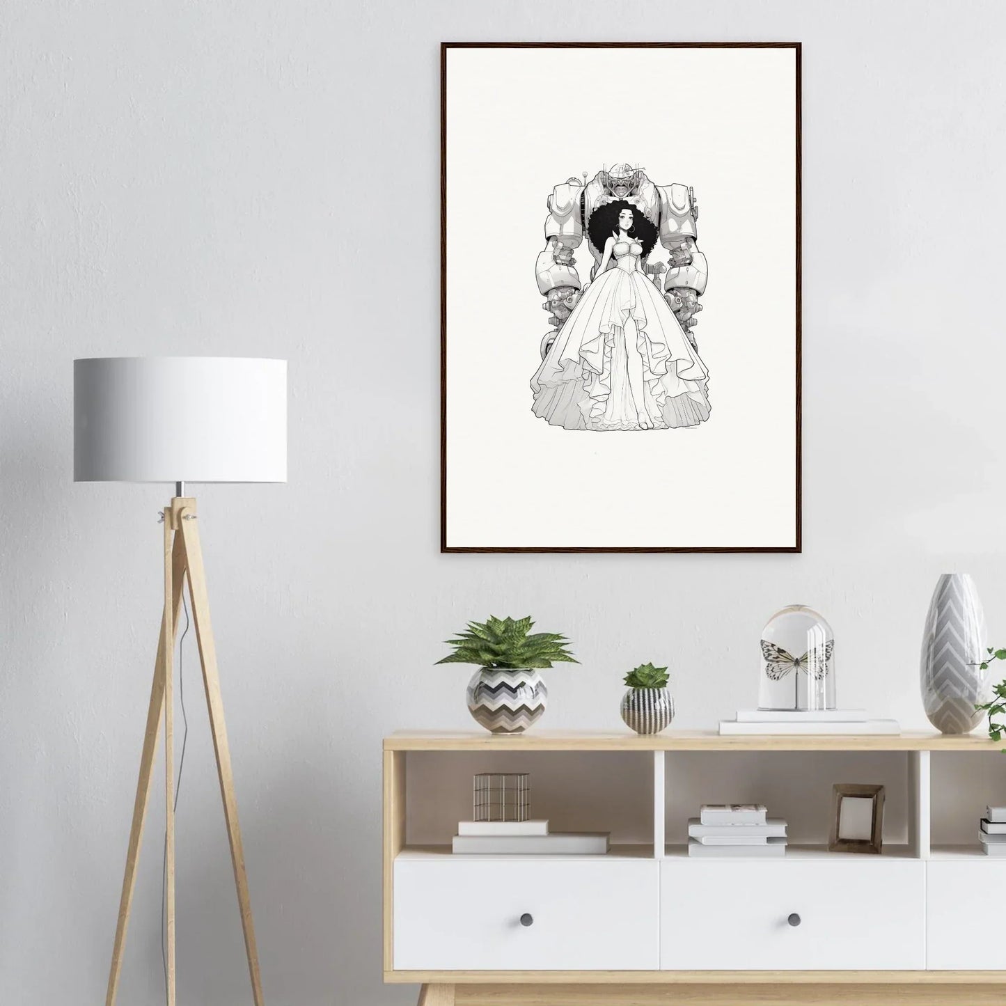 Black and white canvas print of a woman in a dress, perfect for Fables Aflame room decoration