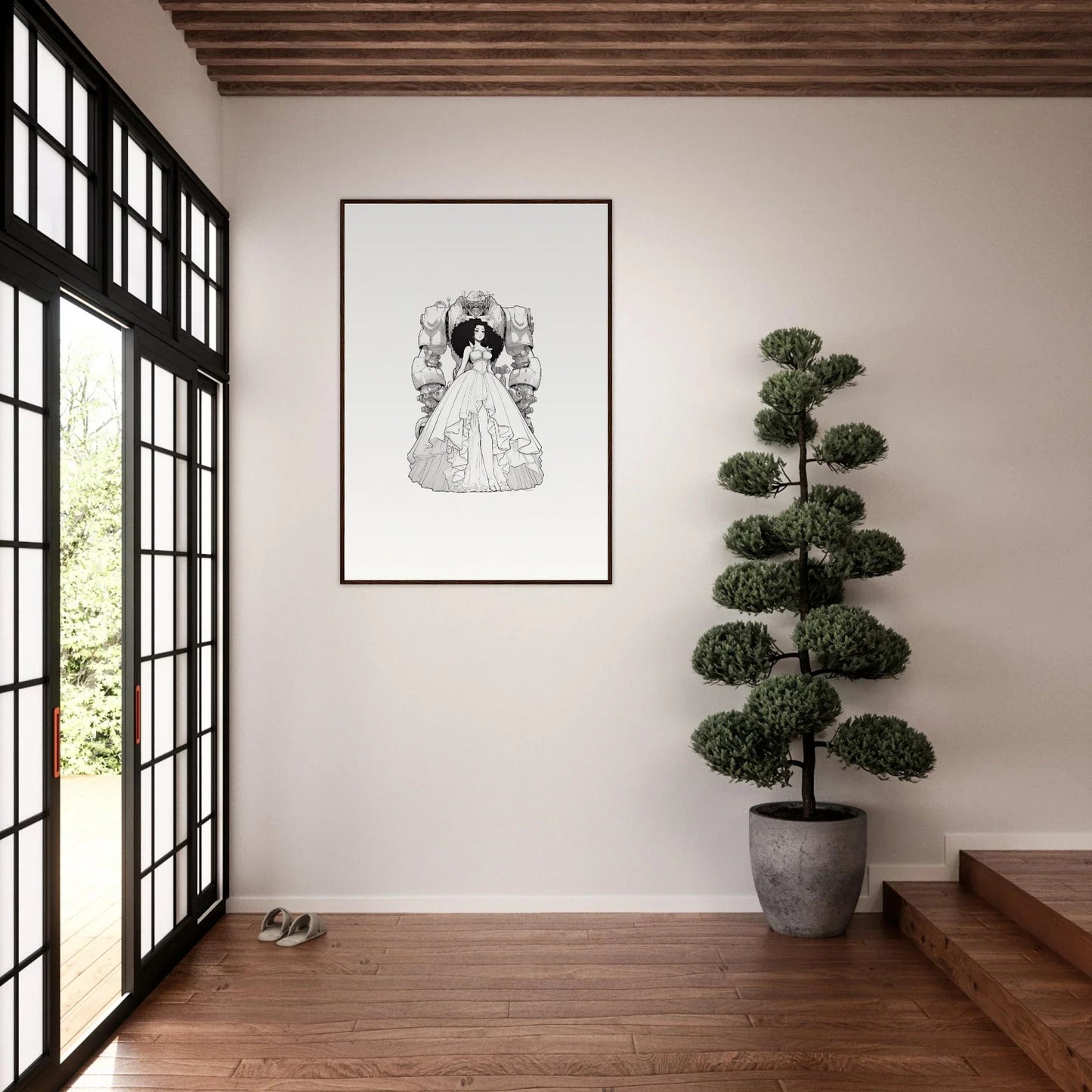 Framed black and white canvas print of a woman in an ornate dress for Fables Aflame room decoration