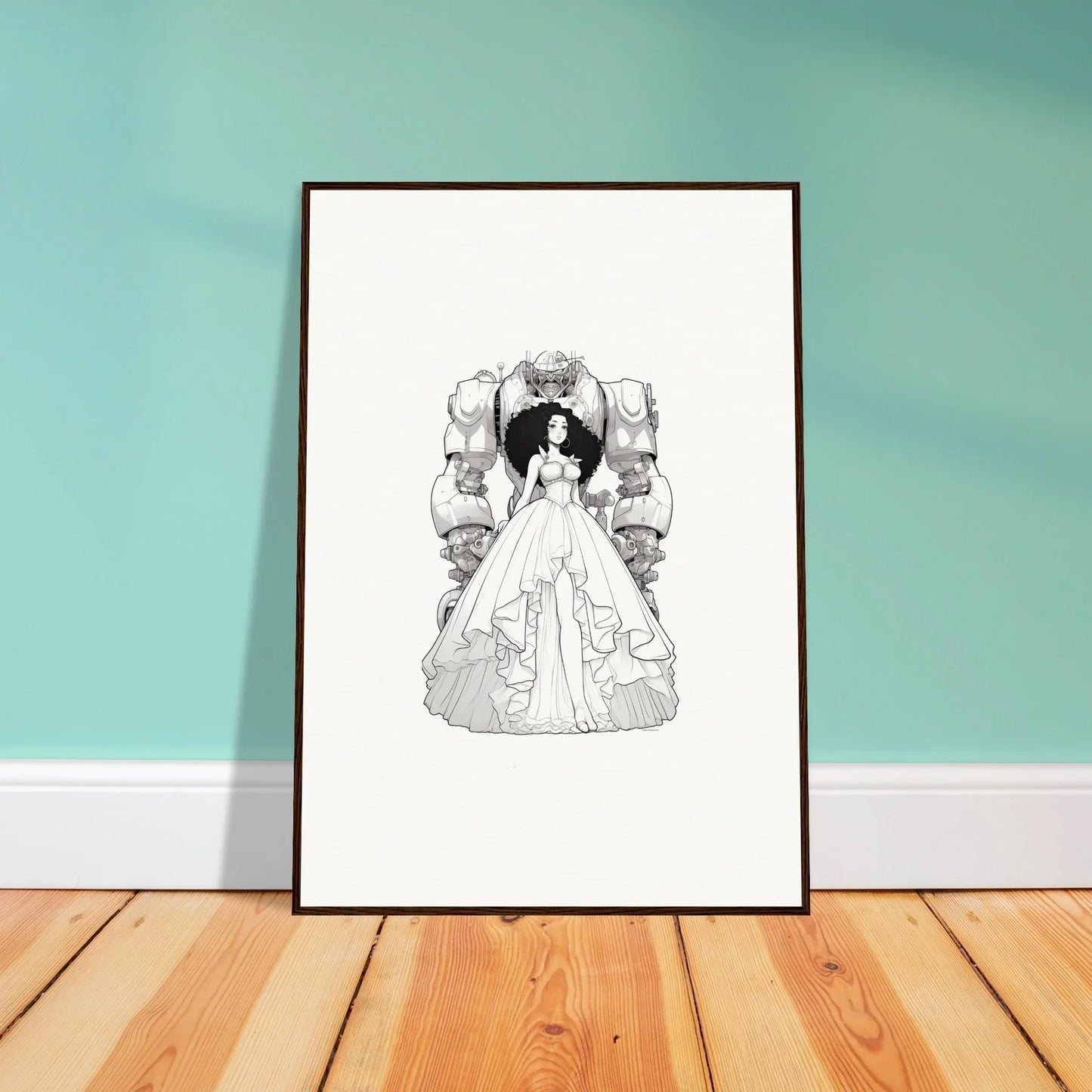 Framed black and white illustration of a woman in gown for Fables Aflame room decoration