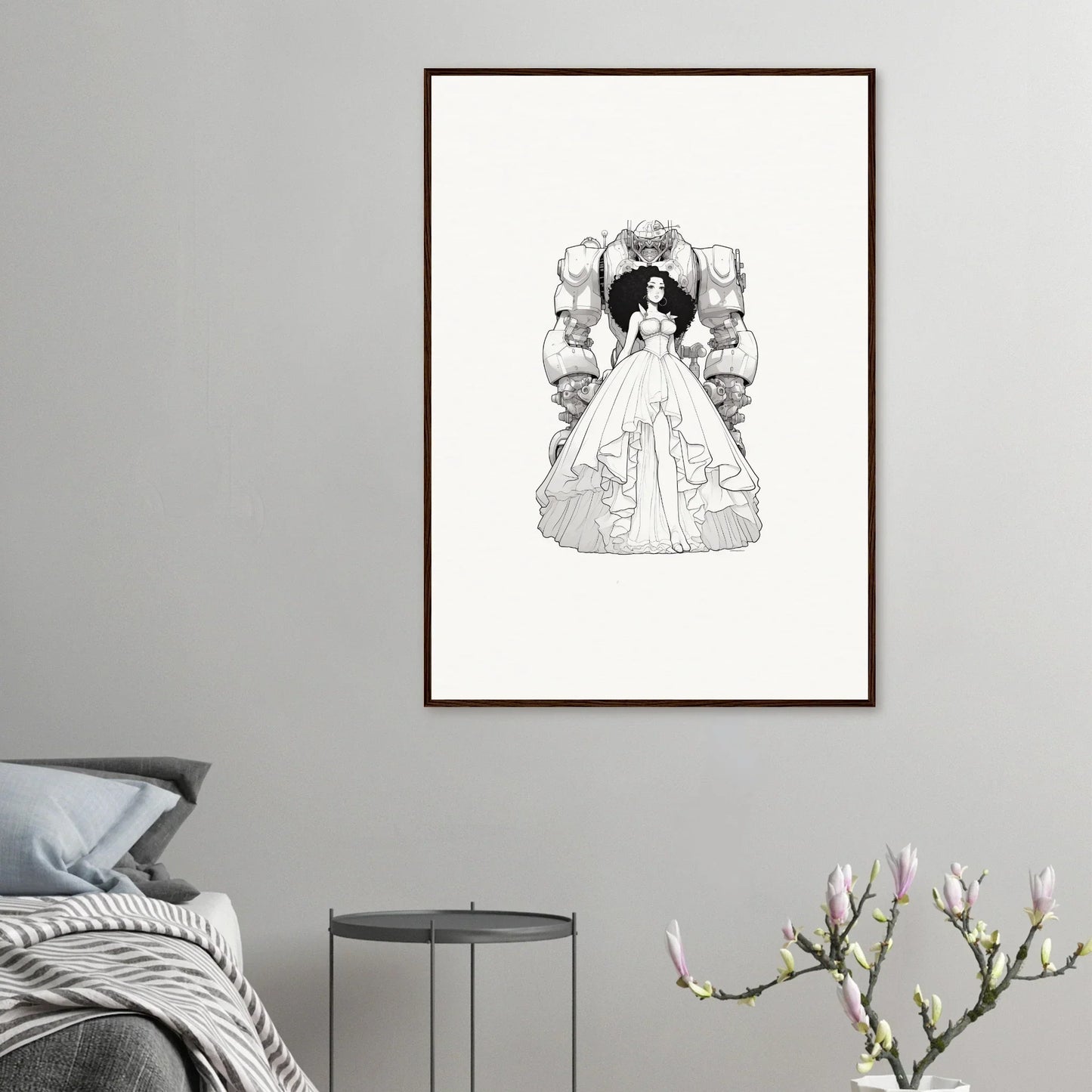 Framed black and white canvas print of a woman in a gown for Fables Aflame room decoration