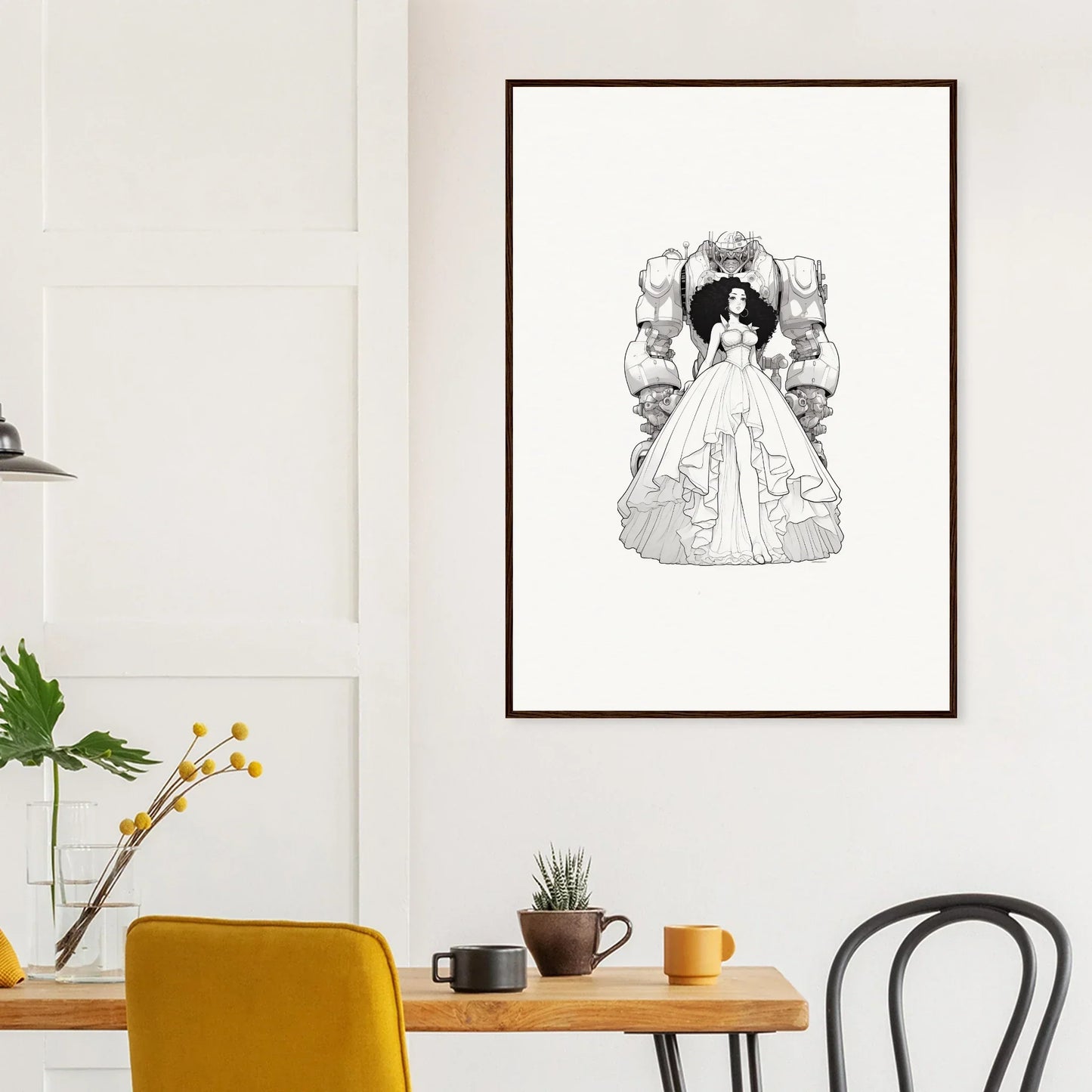 Framed black and white illustration of a woman in an elegant gown for room decoration