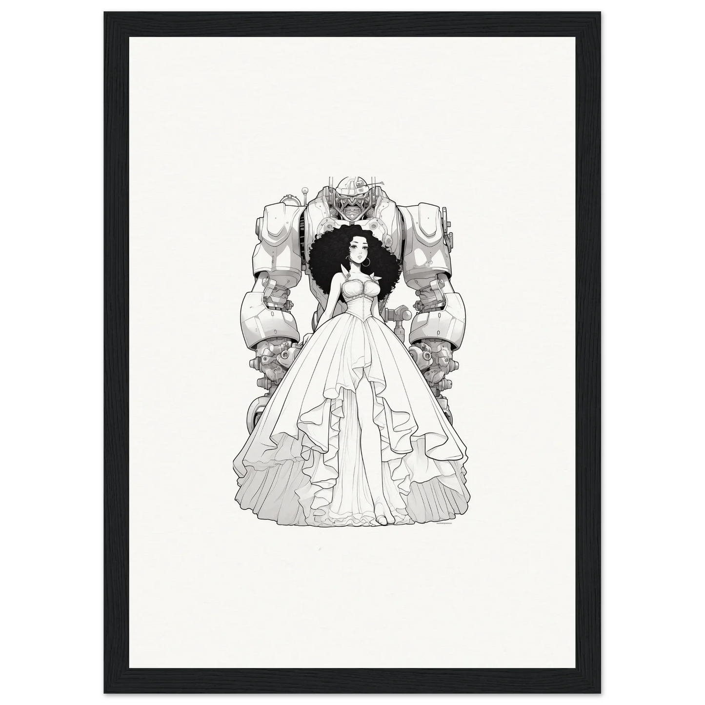 Black and white illustration of a woman in a ball gown for a Fables Aflame canvas print