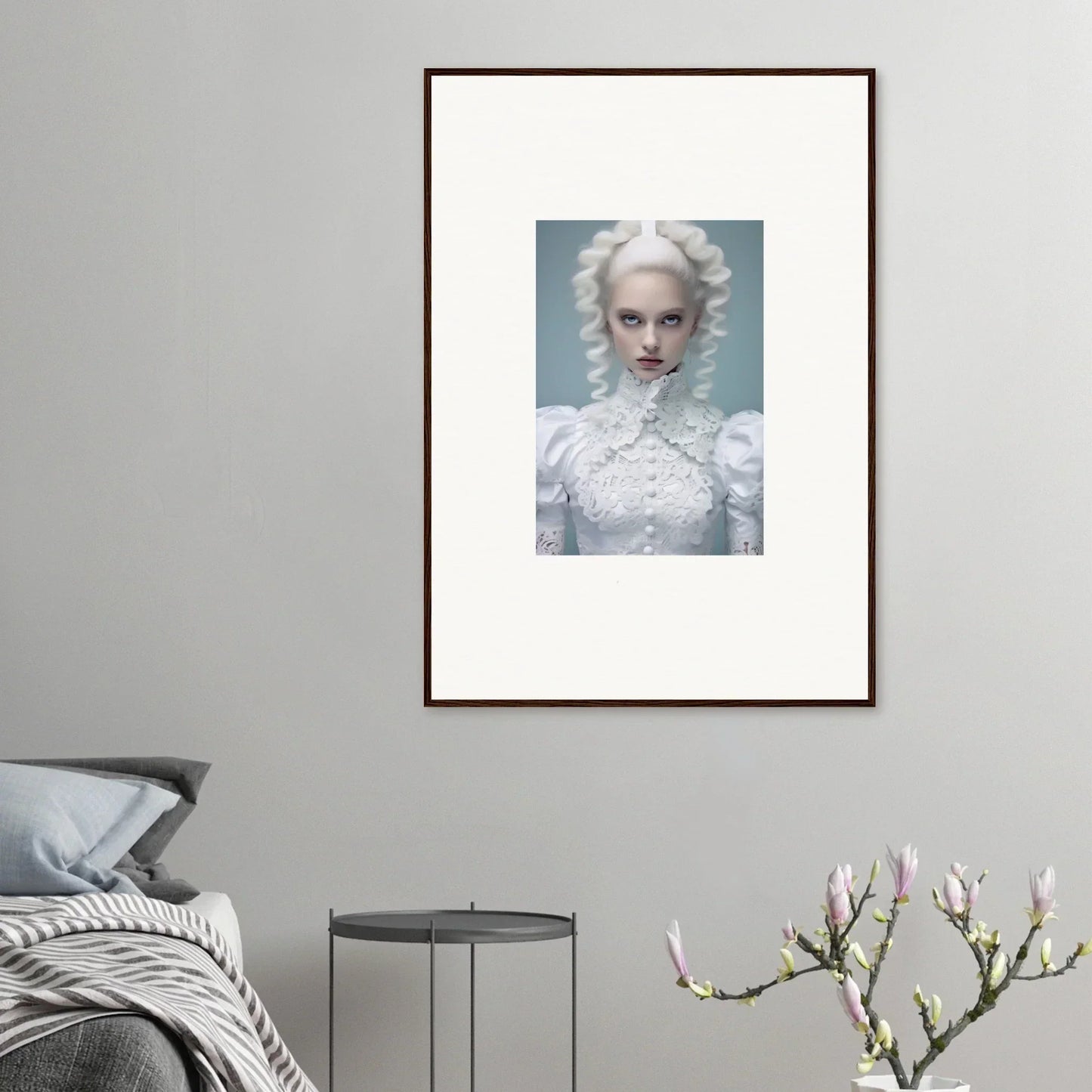 Framed portrait of a person with pale skin, white hair, and an ornate white high-collared dress against a light blue background.