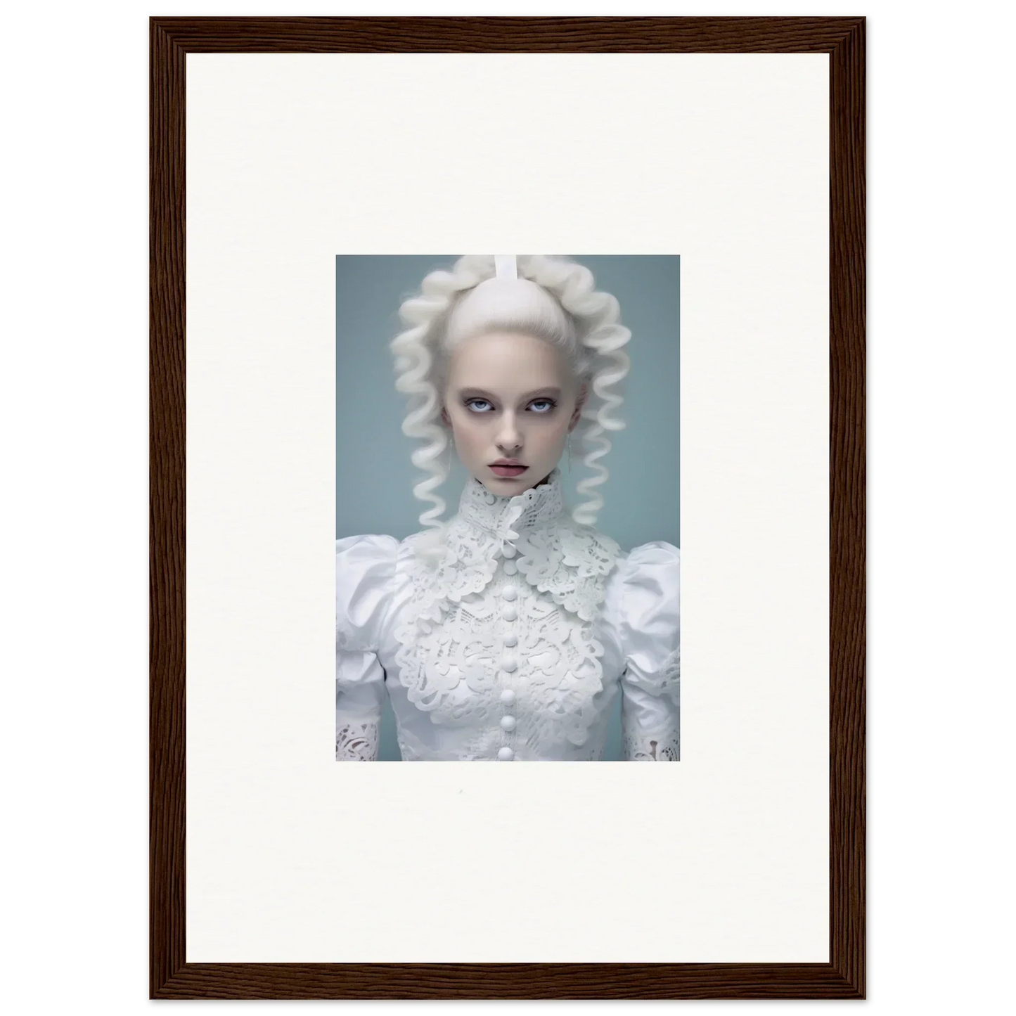 Framed portrait of a person with pale skin and elaborate white curled hair wearing an ornate white high-necked garment.