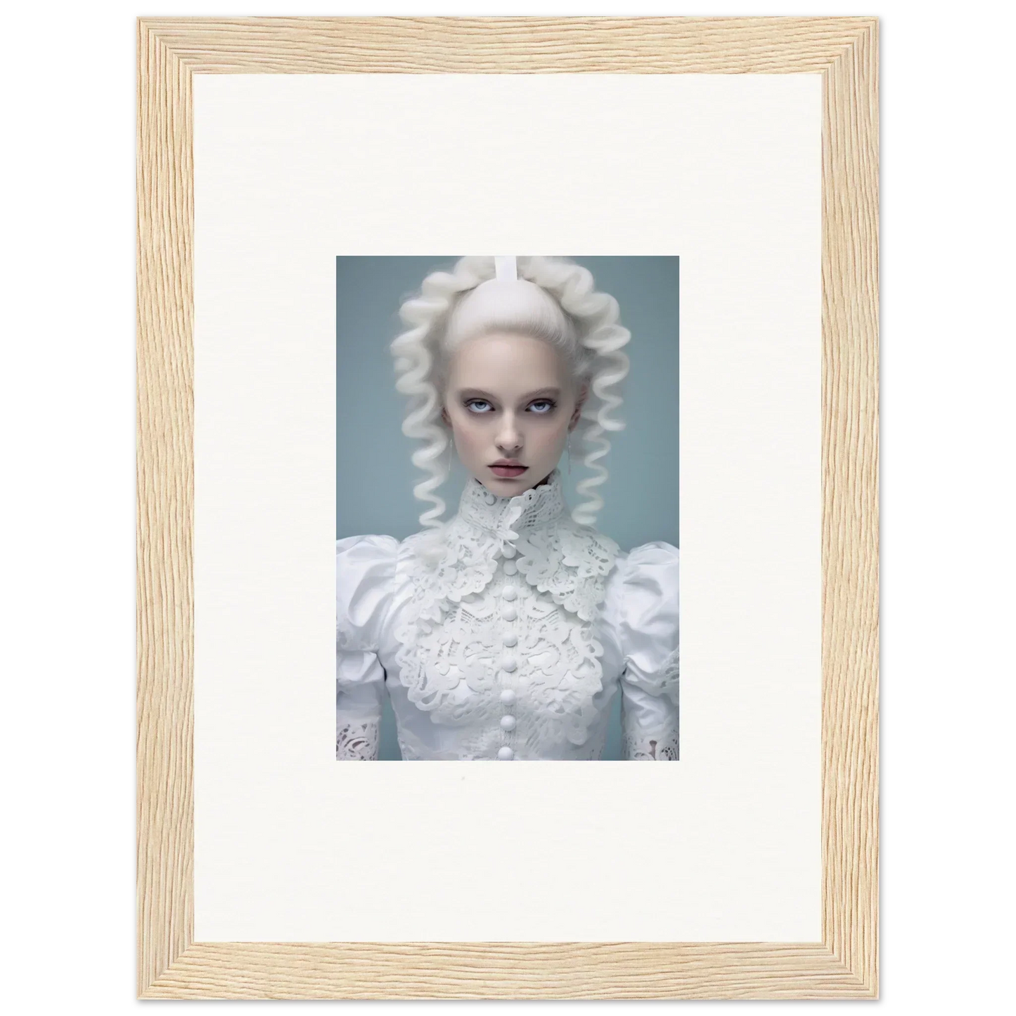 Framed portrait of a person with white hair and clothing in an ethereal, avant-garde style.