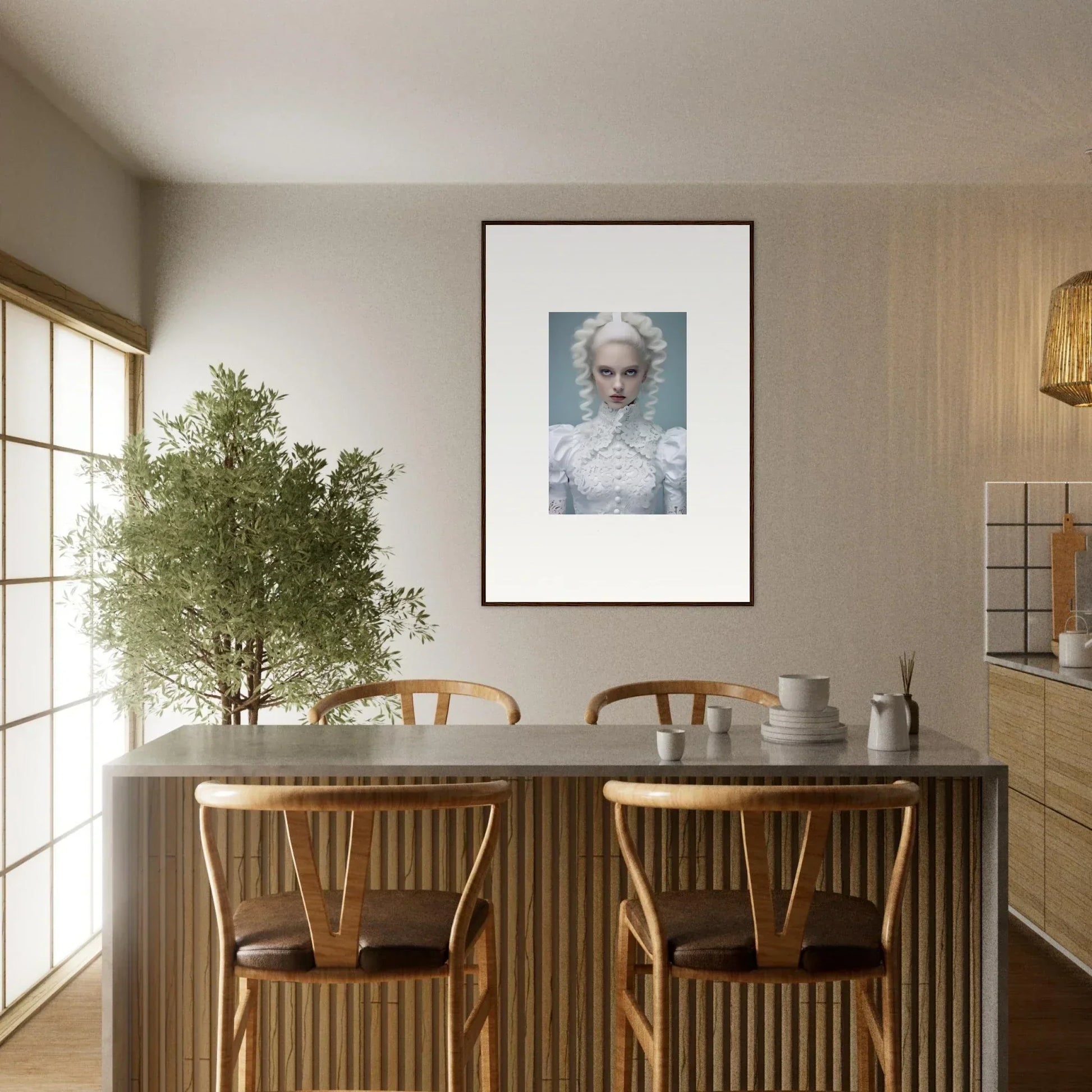 Dining area with a table, chairs, and a framed portrait on the wall.