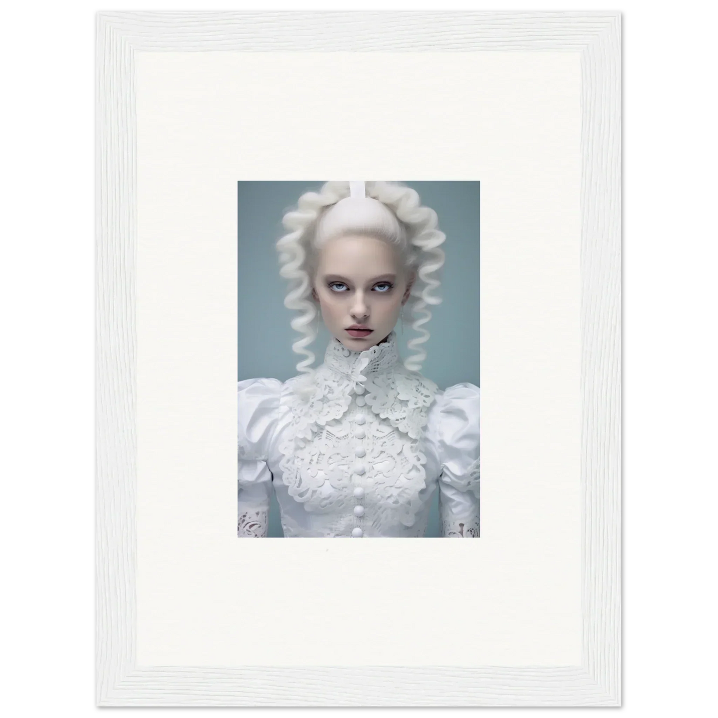 Portrait of a person with pale skin, white curled hair, and a high-collared white dress with intricate details.