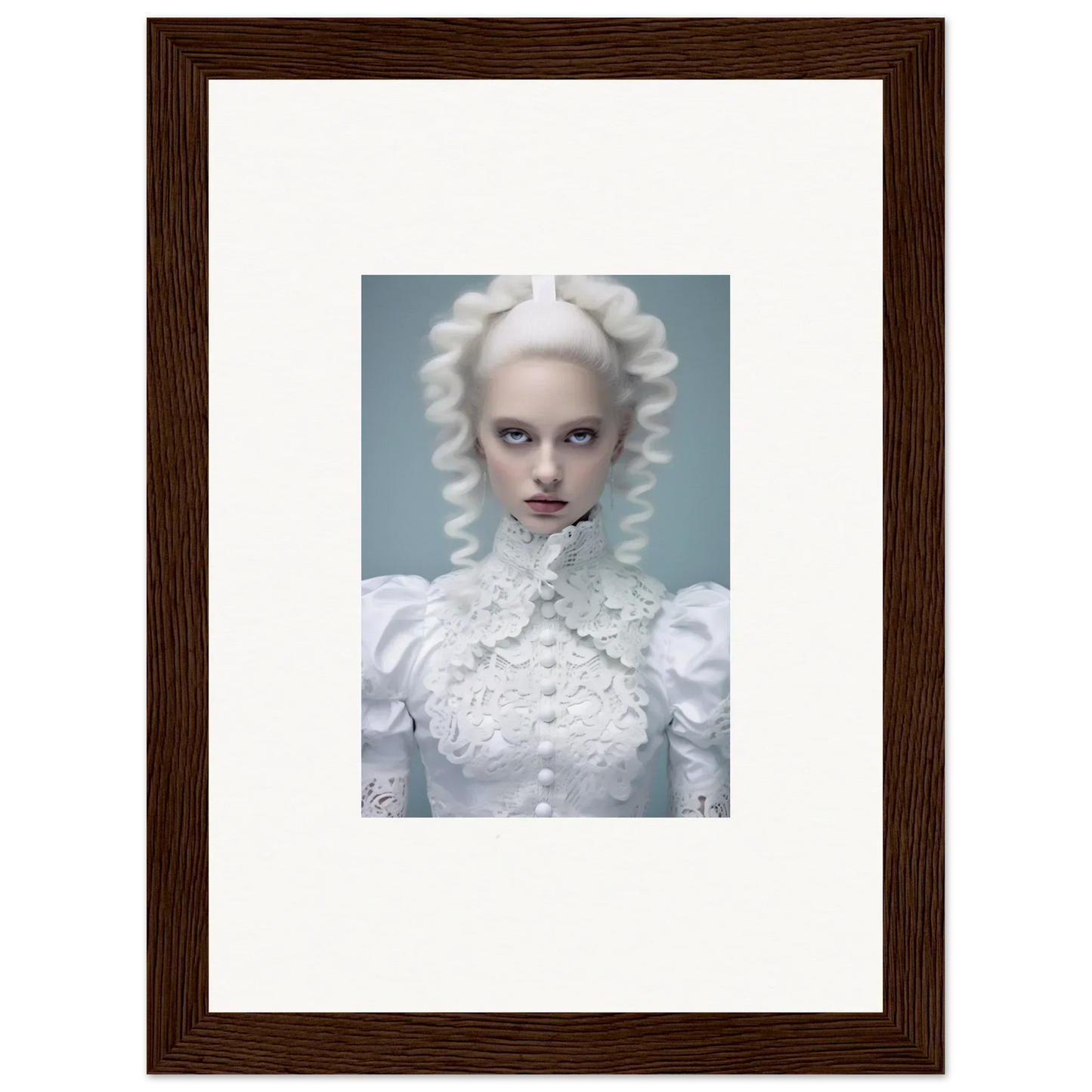 Framed portrait photograph of a person with striking white hair and makeup in an ornate white costume.