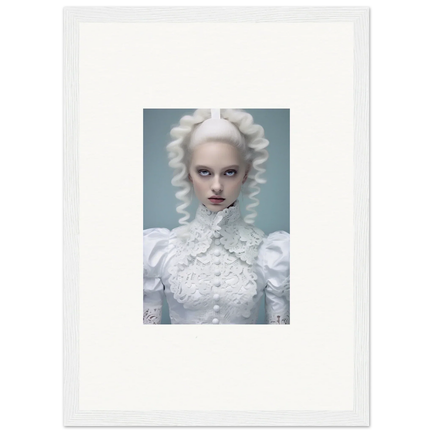 Portrait of a person with striking white hair and makeup in an ornate white costume.