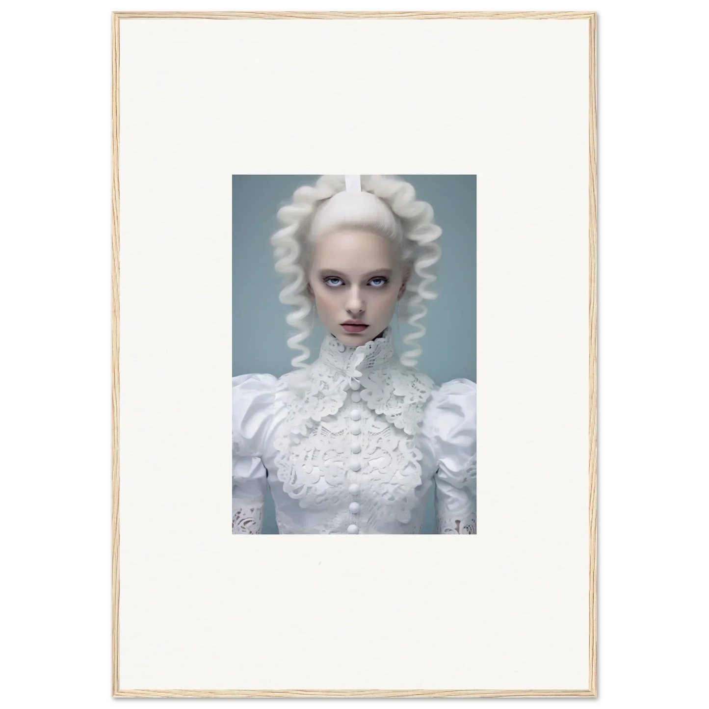 Portrait of a person with striking white curled hair and an ornate white high-collared garment.