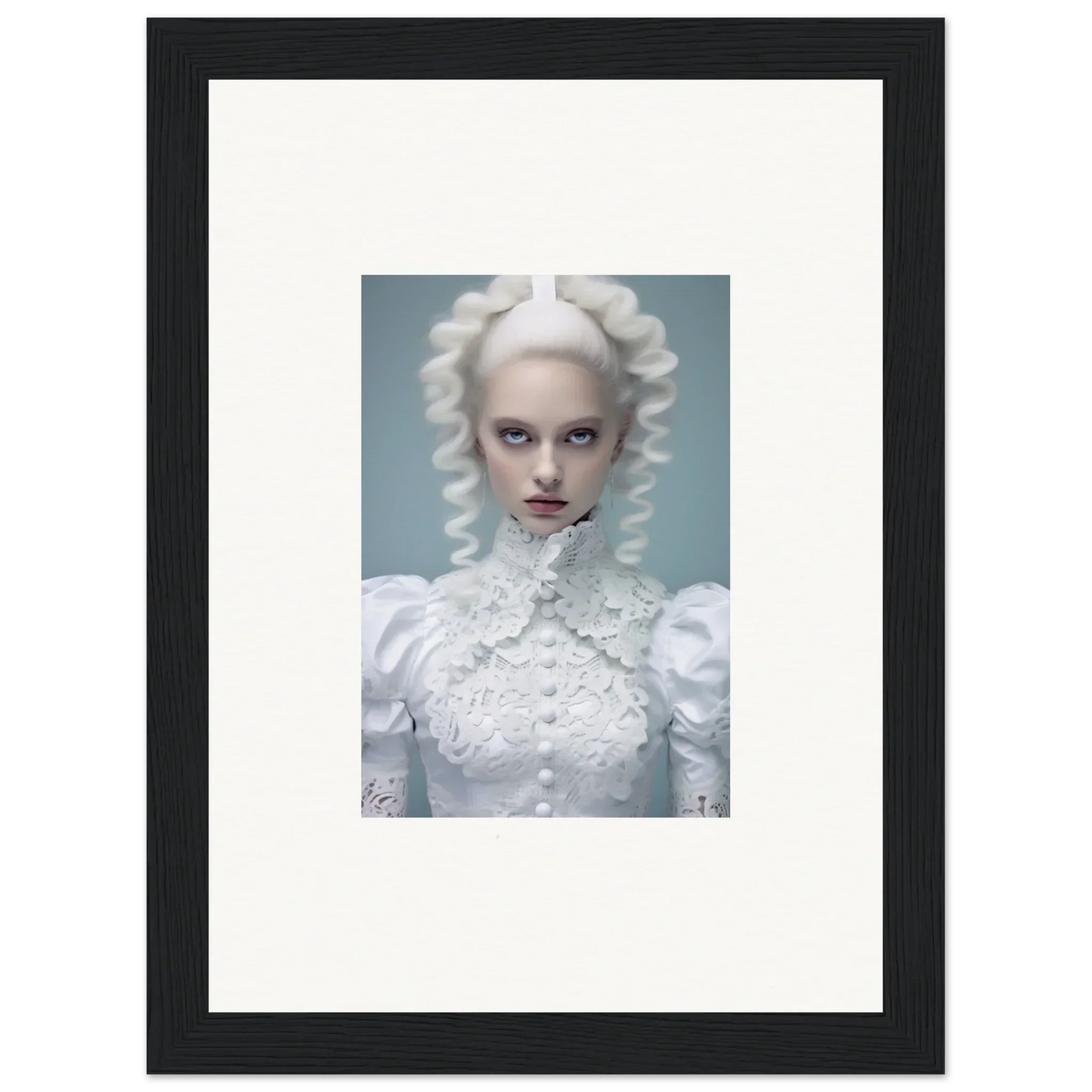 Framed portrait of a person with white hair and elaborate white costume against a pale blue background.