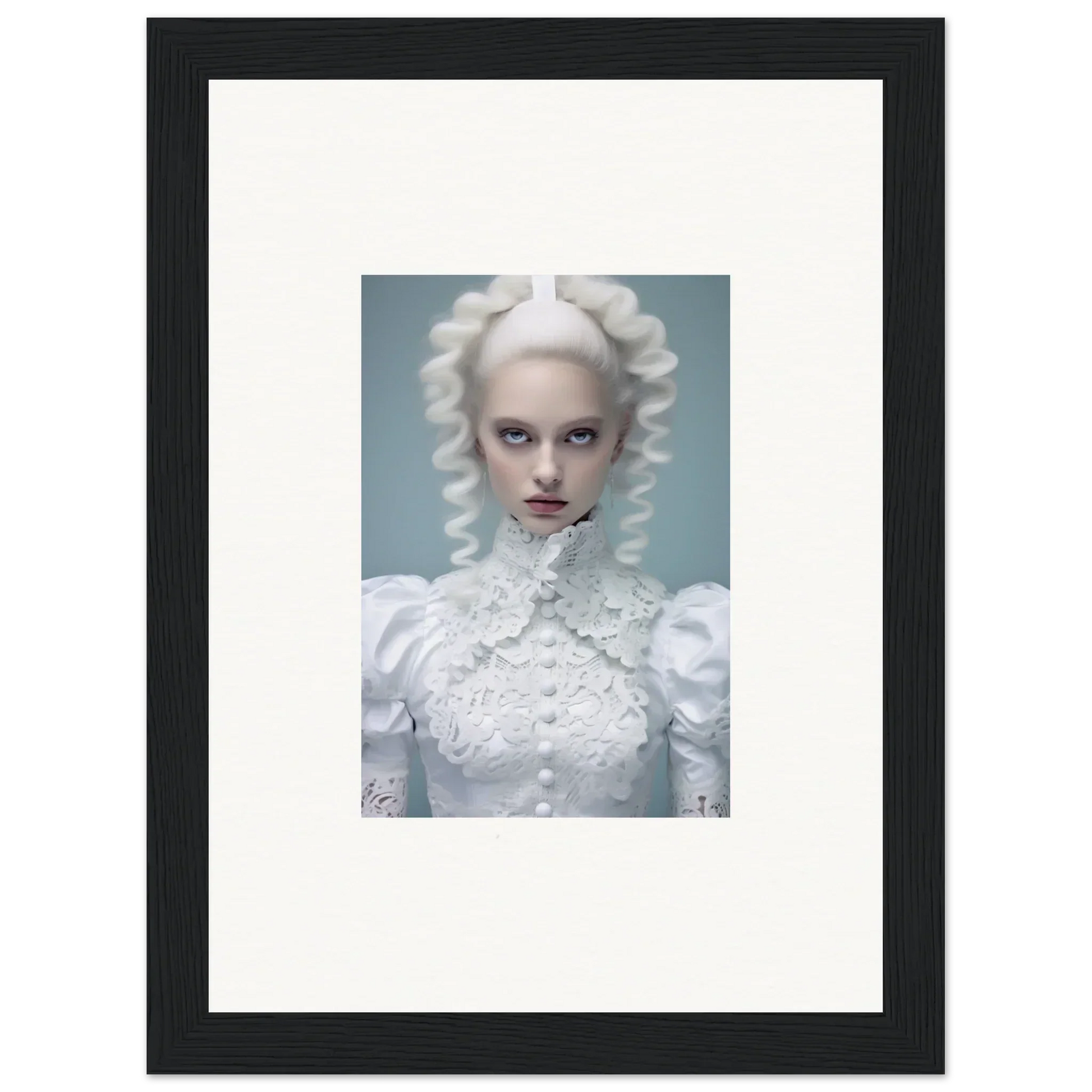 Framed portrait of a person with white hair and elaborate white costume against a pale blue background.