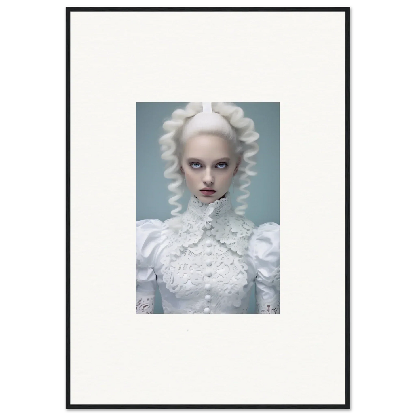 Portrait of a person with striking white hair and an ornate white high-collared outfit.