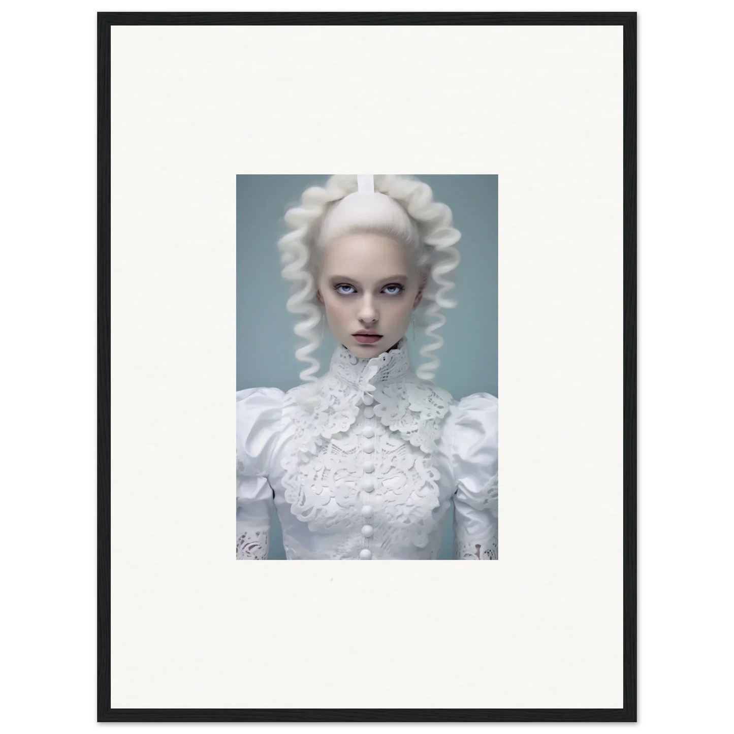 Portrait of a person with white hair and pale makeup wearing an ornate white high-collared garment.