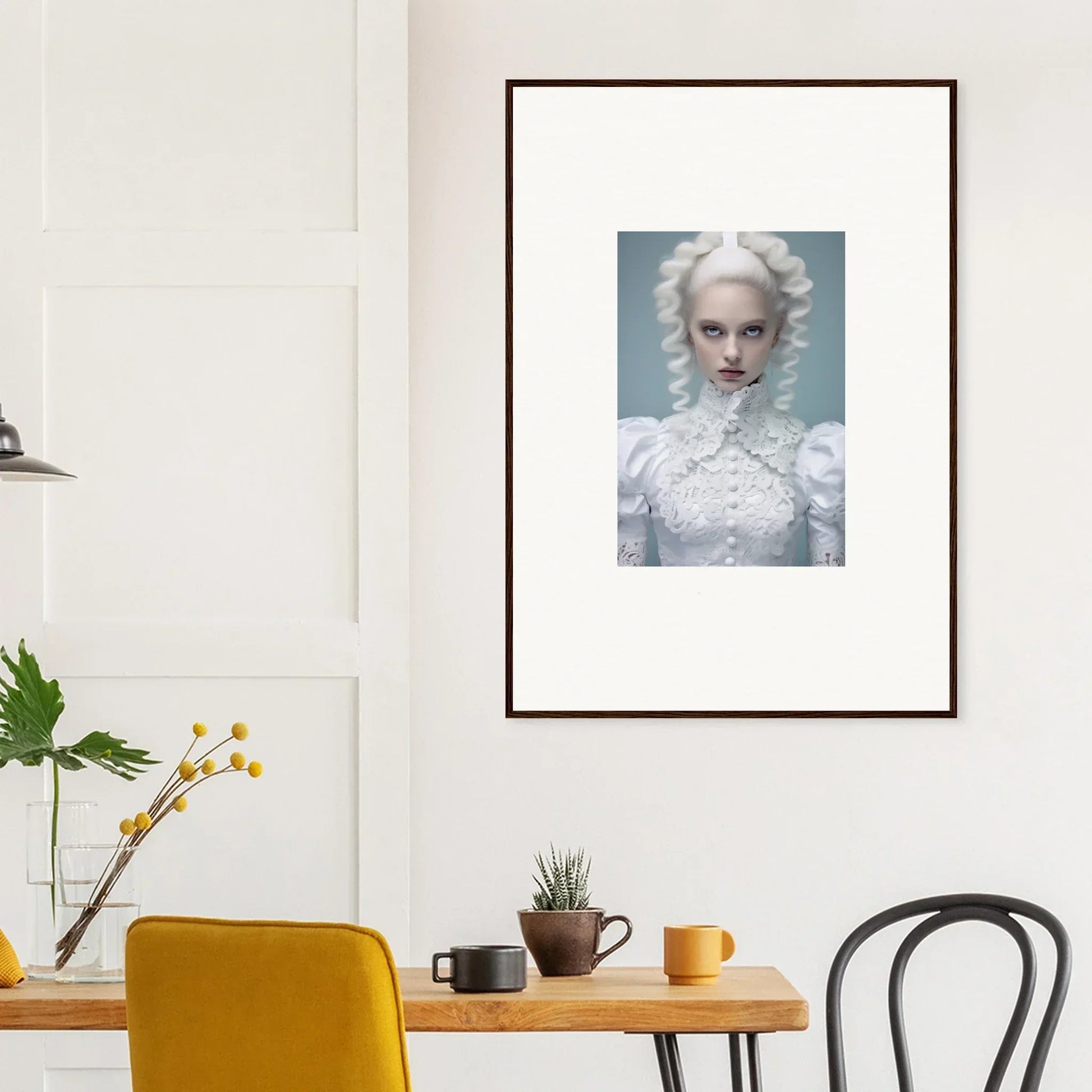 Framed portrait of a woman with pale skin and white hair in Victorian-style clothing.