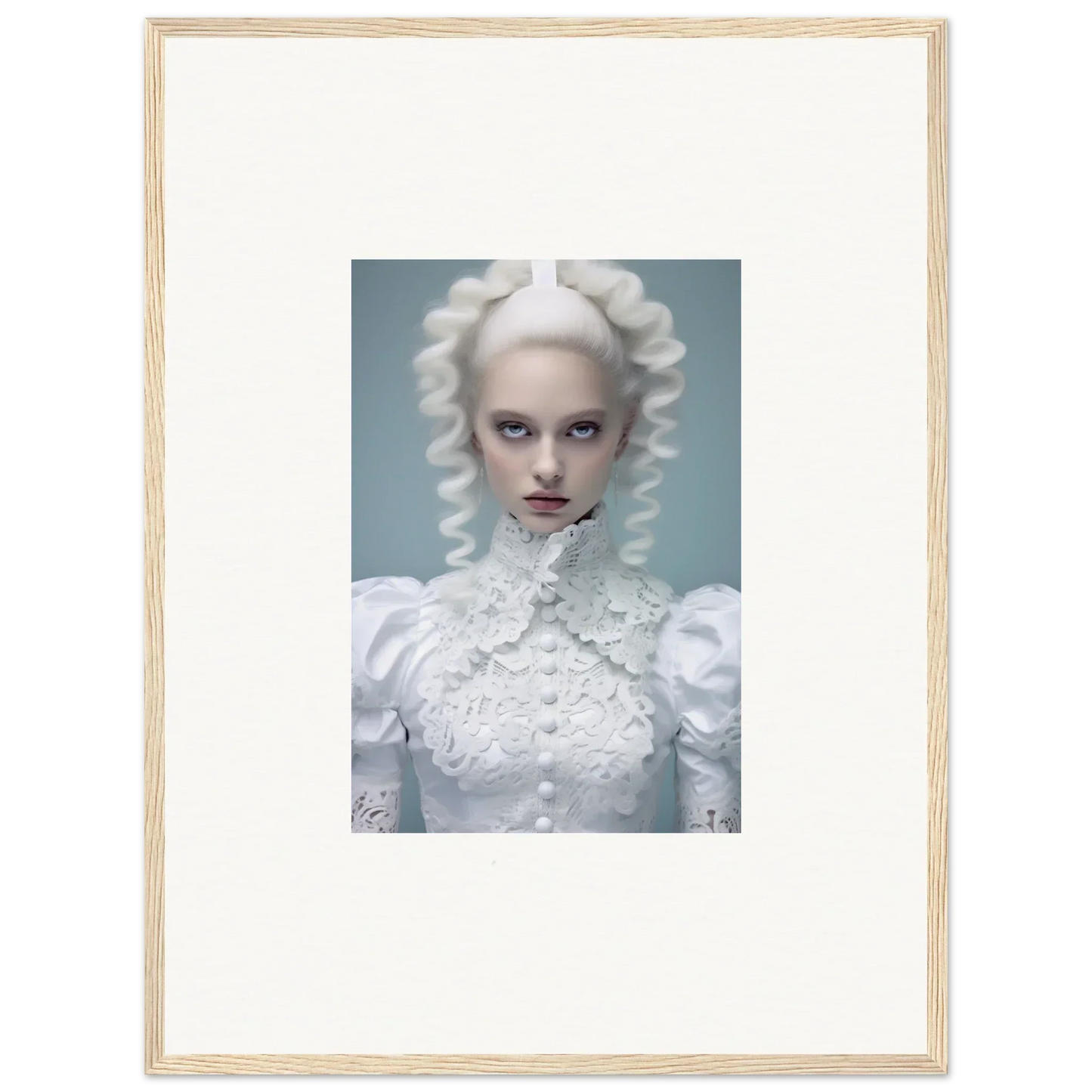 Portrait of a person with striking white hair and makeup in an ornate white costume.