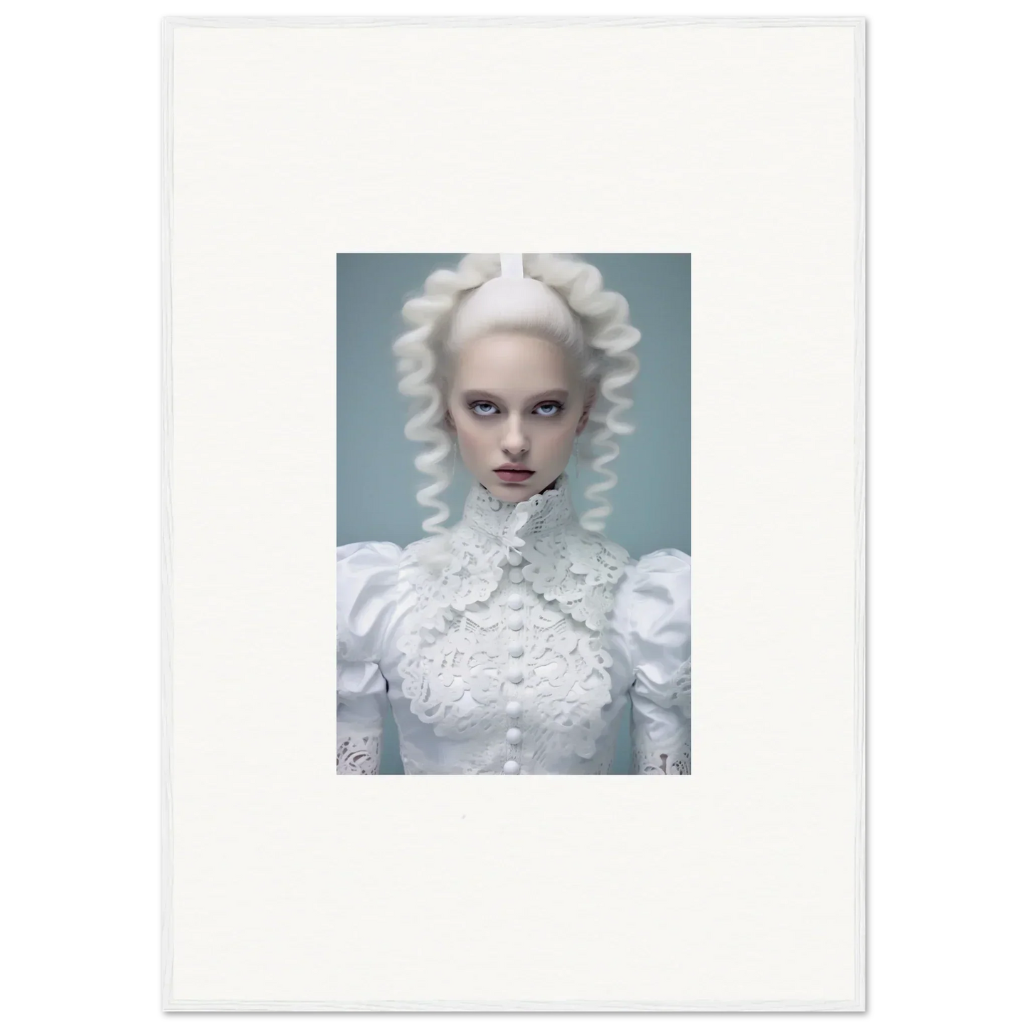 Portrait of a person with striking white hair and makeup in an ornate white costume.