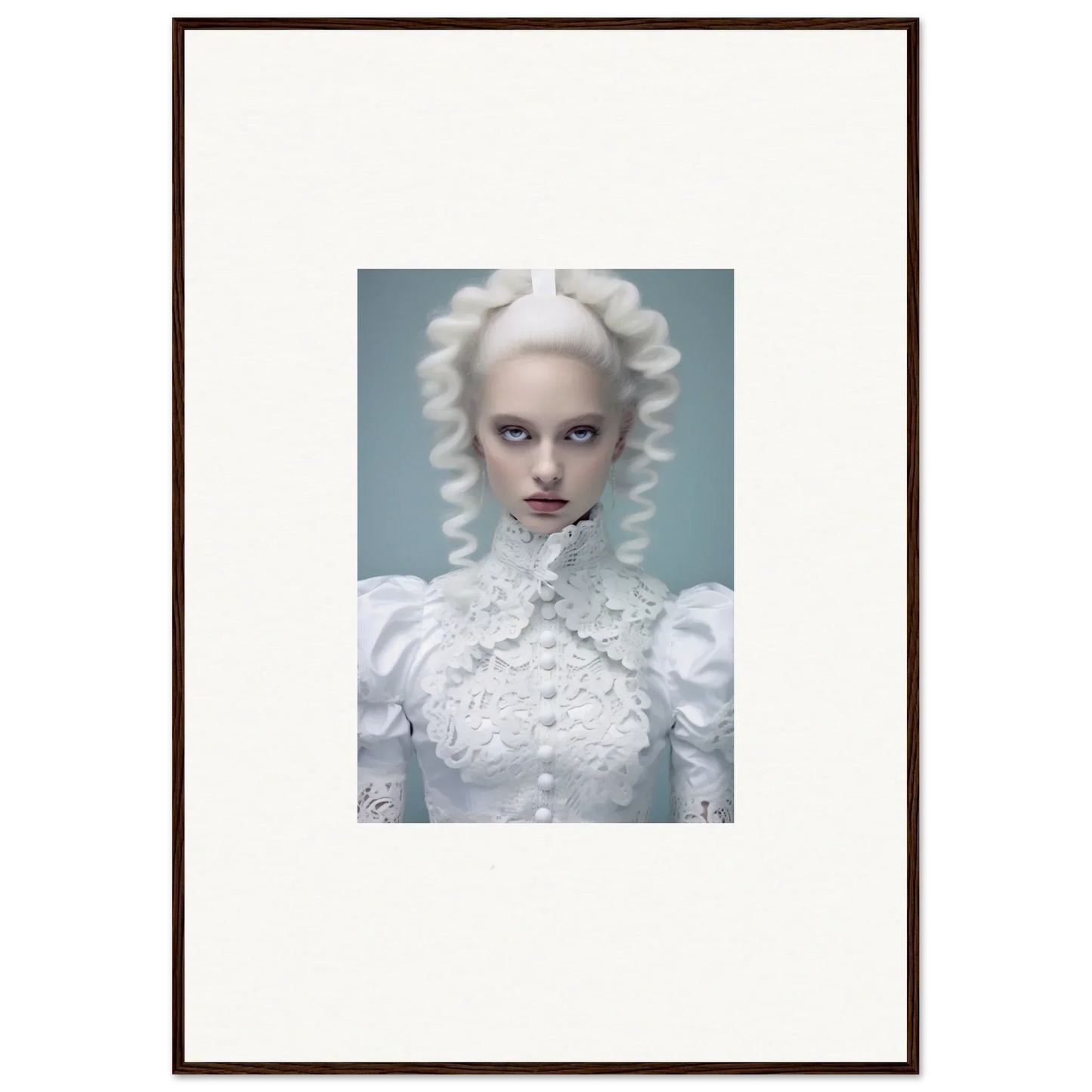 Portrait of a person with striking white hair and makeup wearing an ornate white high-necked garment.