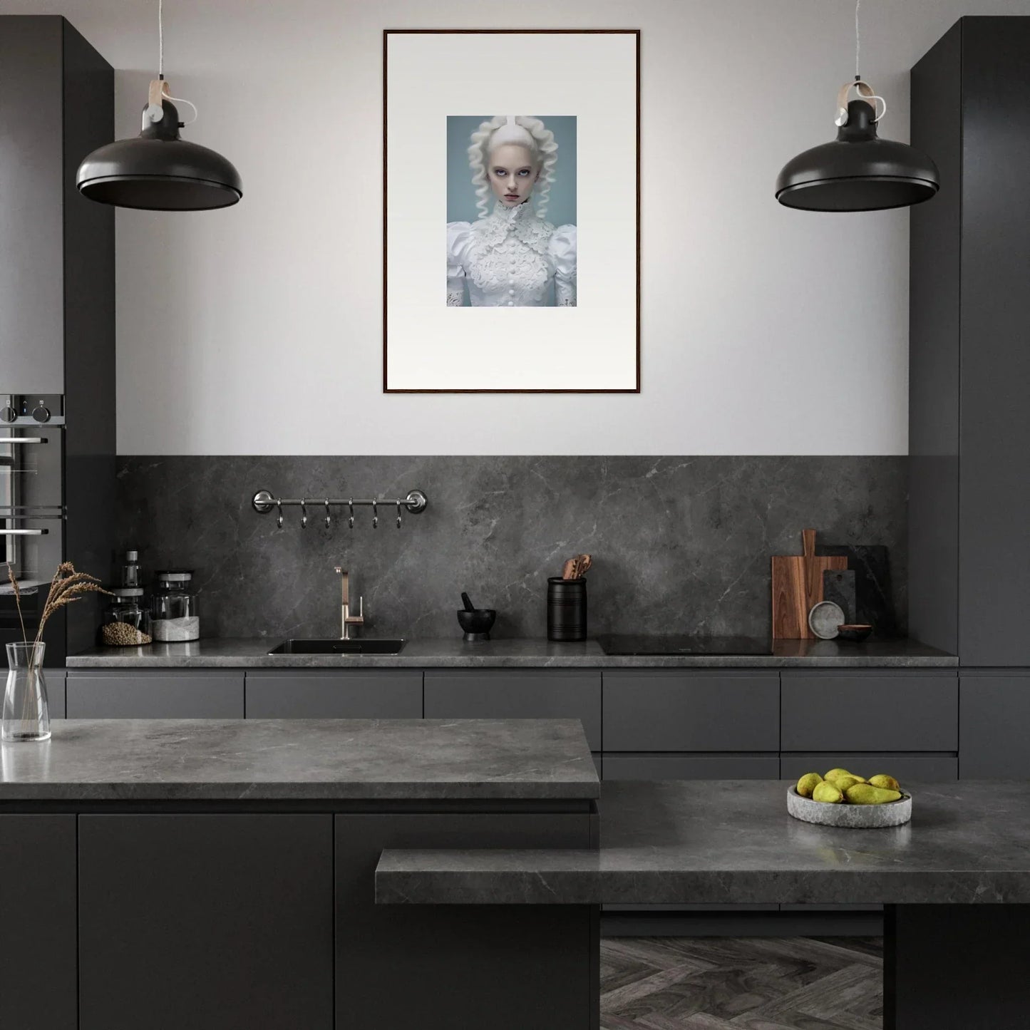 Modern kitchen with dark cabinetry, concrete countertops, and a framed portrait on the wall.