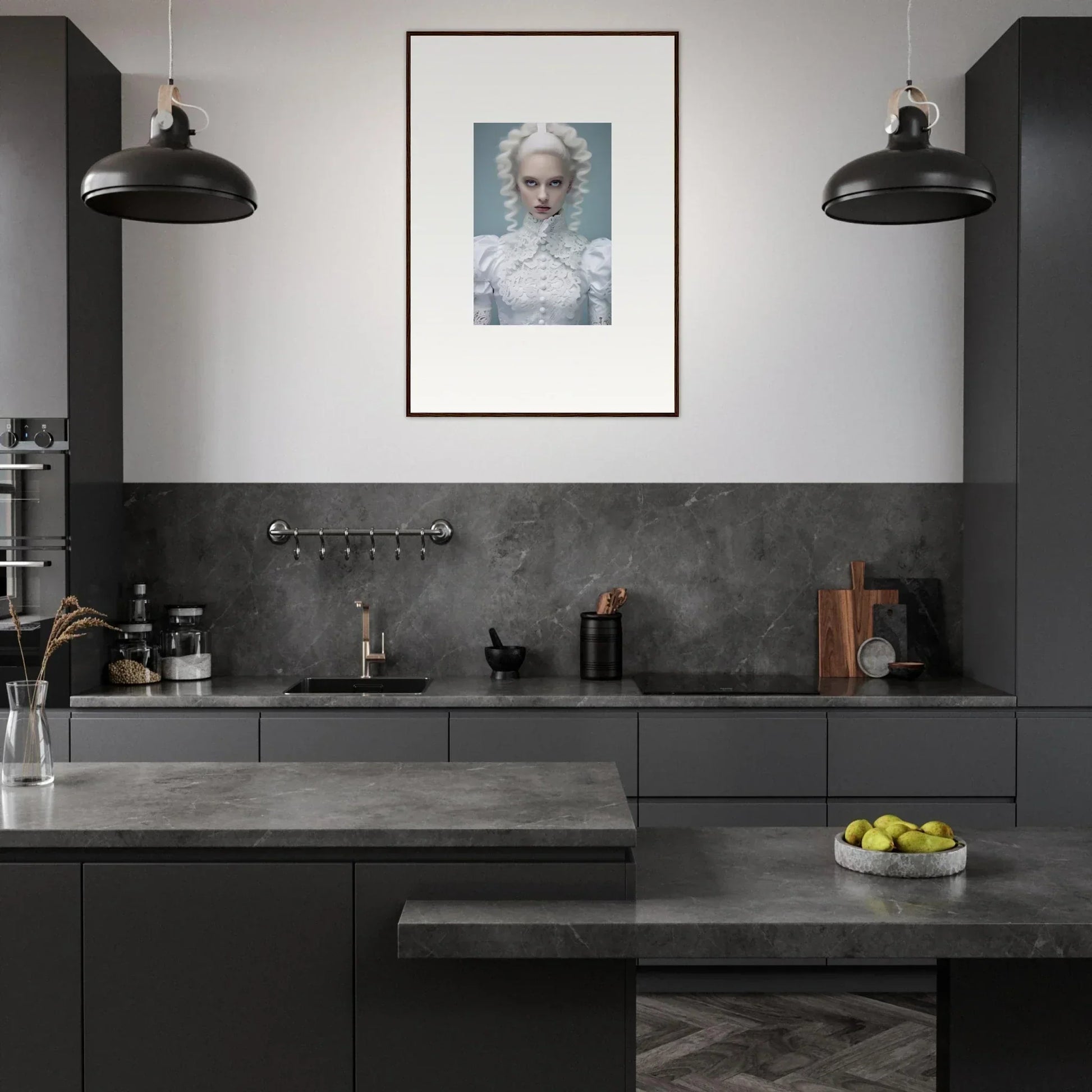 Modern kitchen with dark cabinetry, concrete countertops, and a framed portrait on the wall.