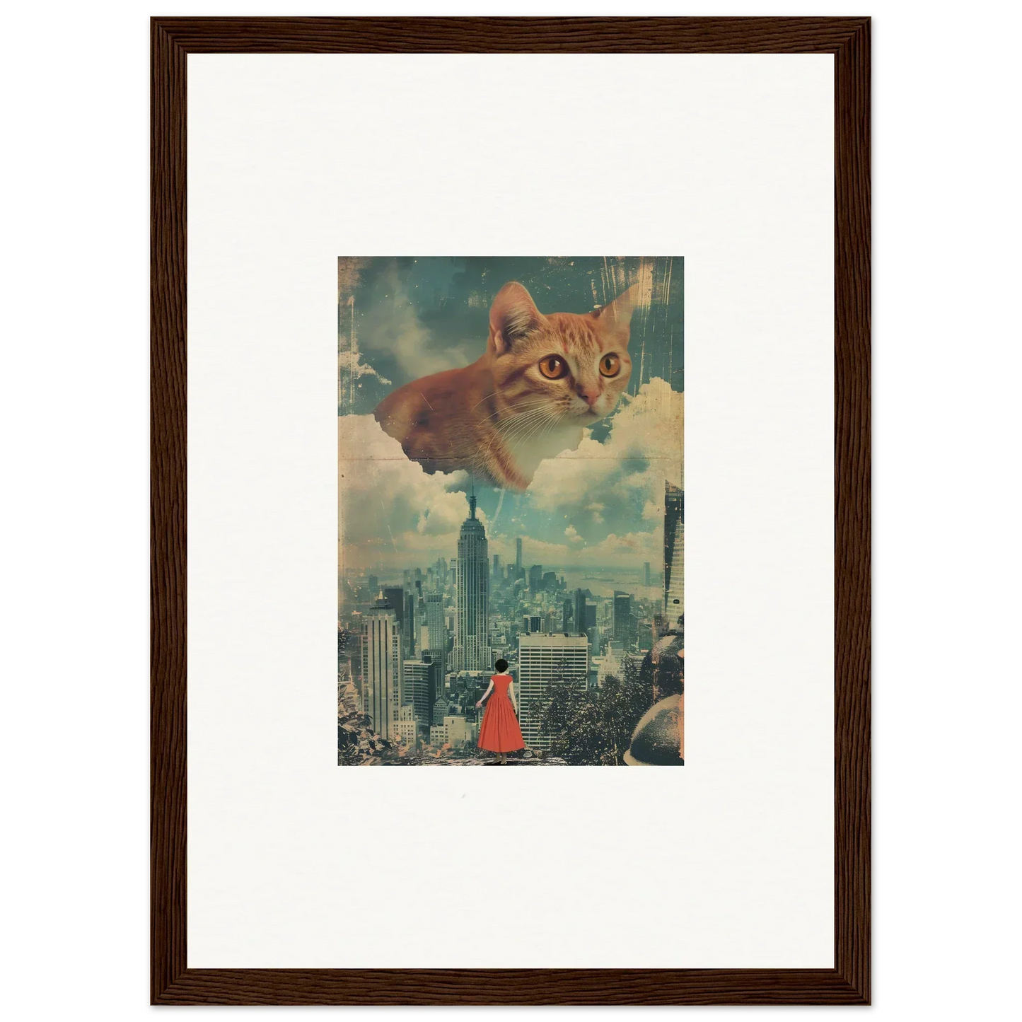 Framed wall art of a giant cat over a city, perfect for cloud ascent room decor