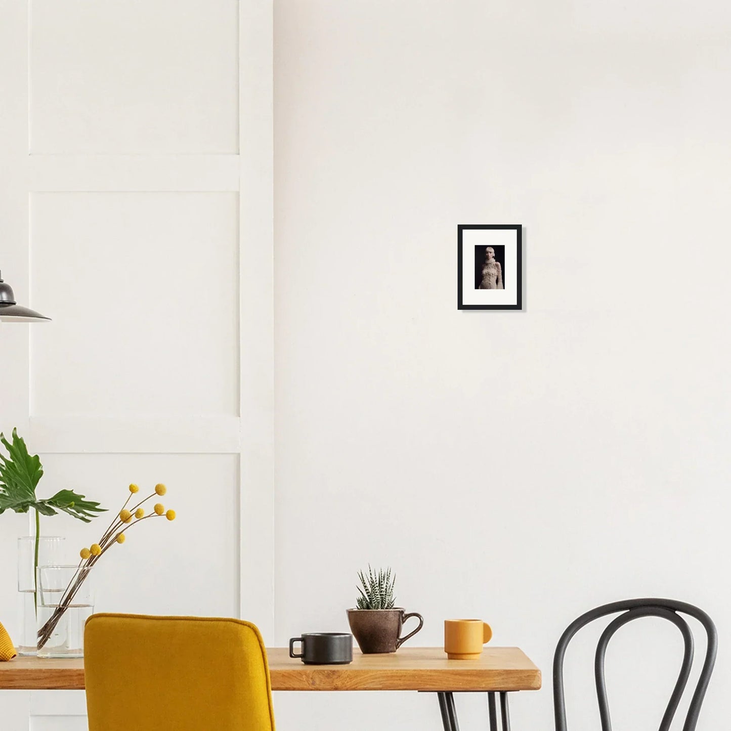 Wooden dining table with a yellow chair and decor for stylish room decor integration