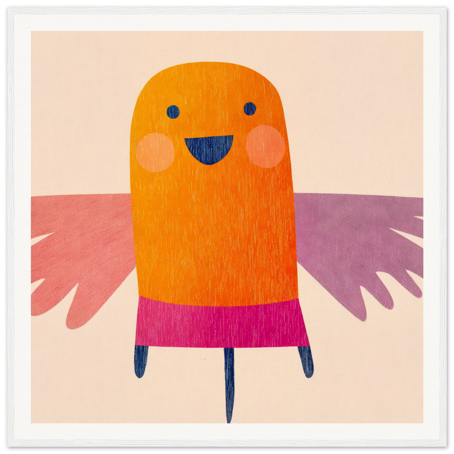 A cheerful orange bird-like creature in a pink skirt from Midflight Reverie special edition art™