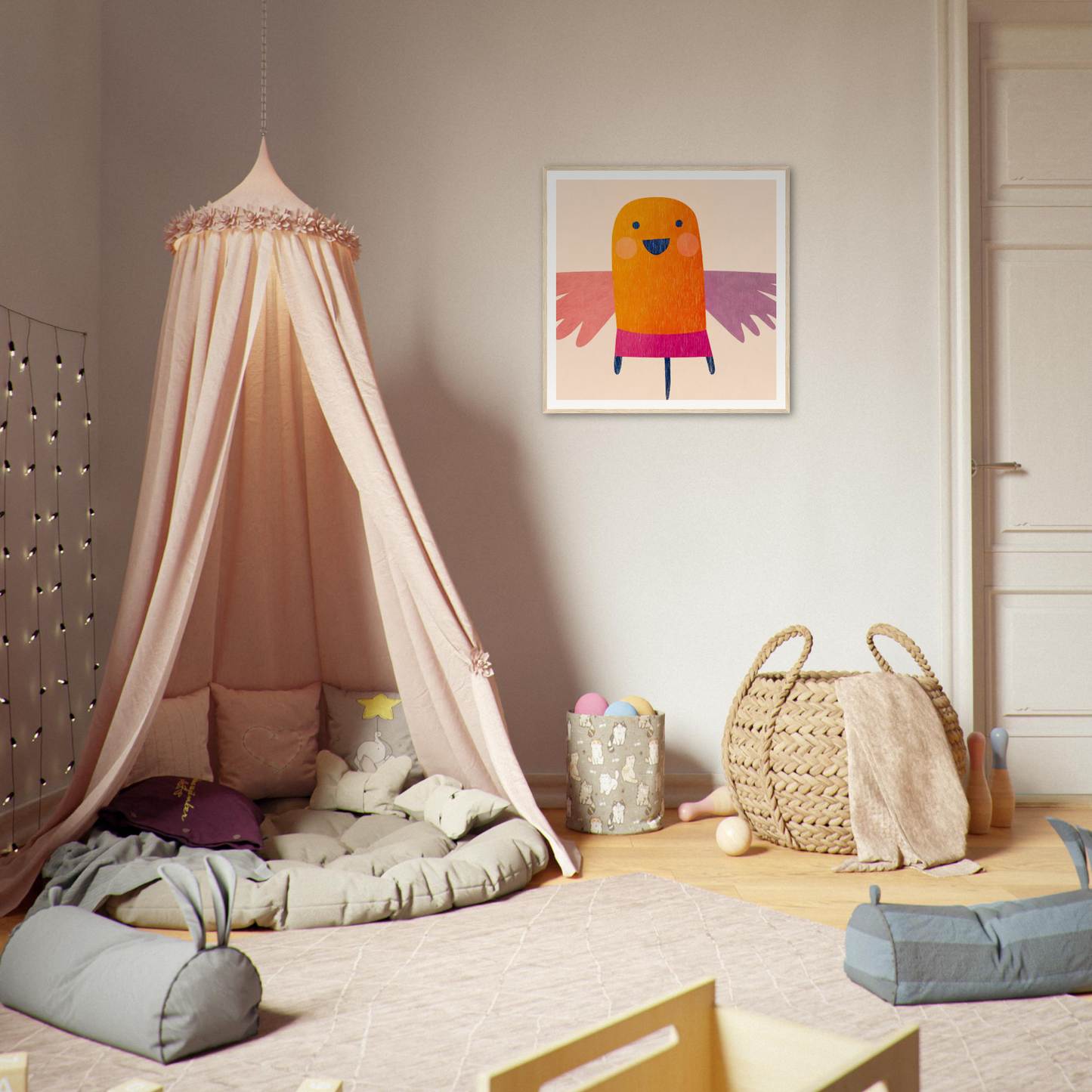 Pink canopy tent with draped fabric in Midflight Reverie framed wall art special edition art™