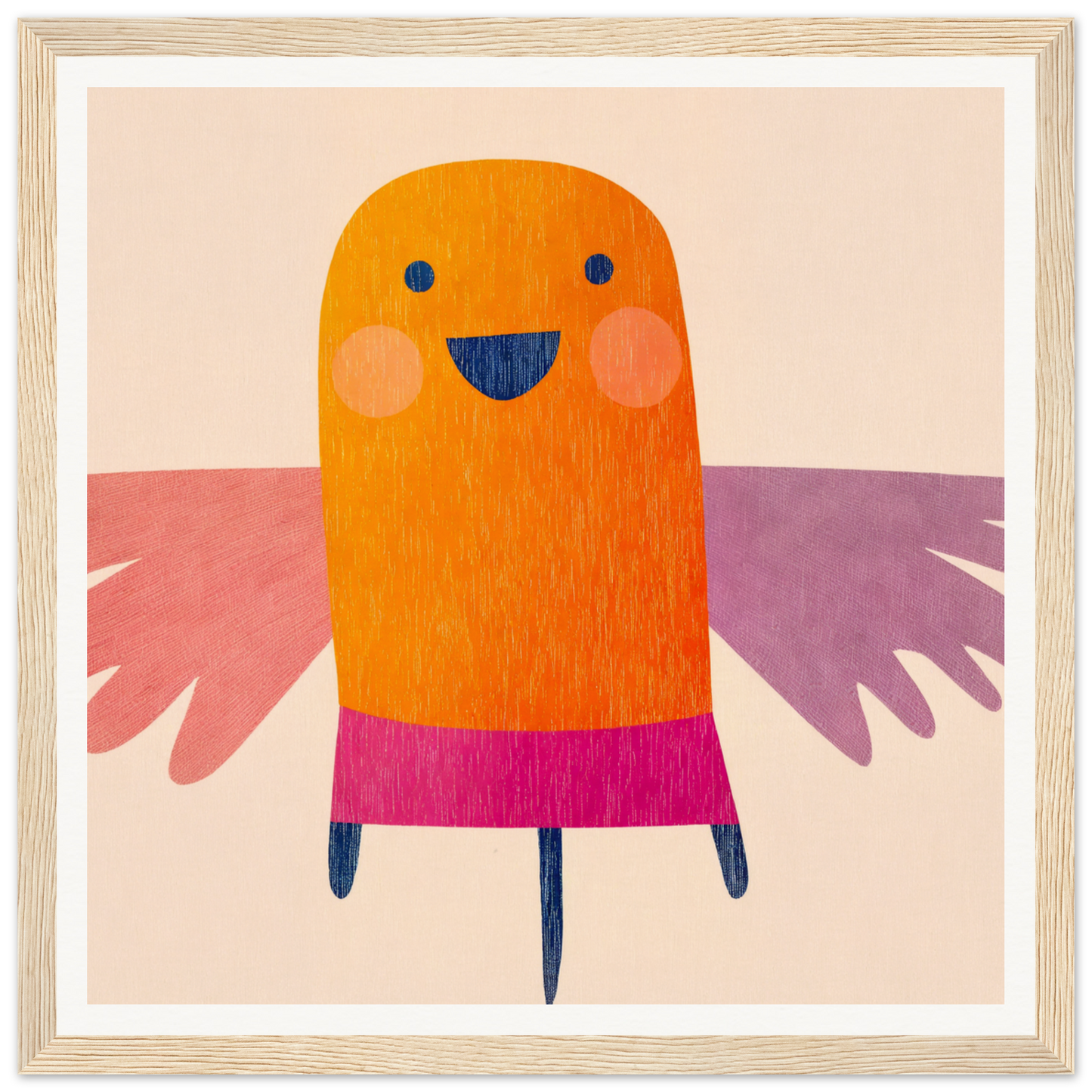 Cute orange bird character in pink skirt and purple wings, Midflight Reverie framed wall art
