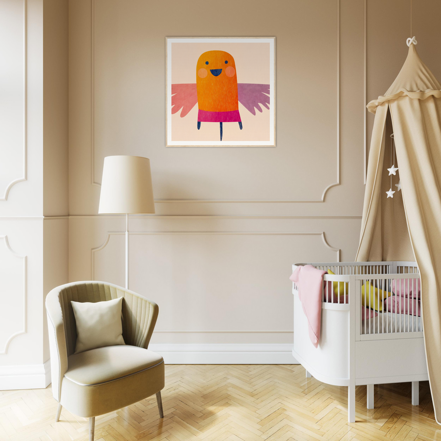 Whimsical orange bird character with pink wings in Midflight Reverie framed wall art