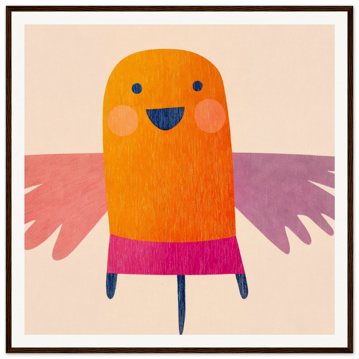 Cheerful orange bird-like creature in pink skirt showcased in Midflight Reverie framed wall art