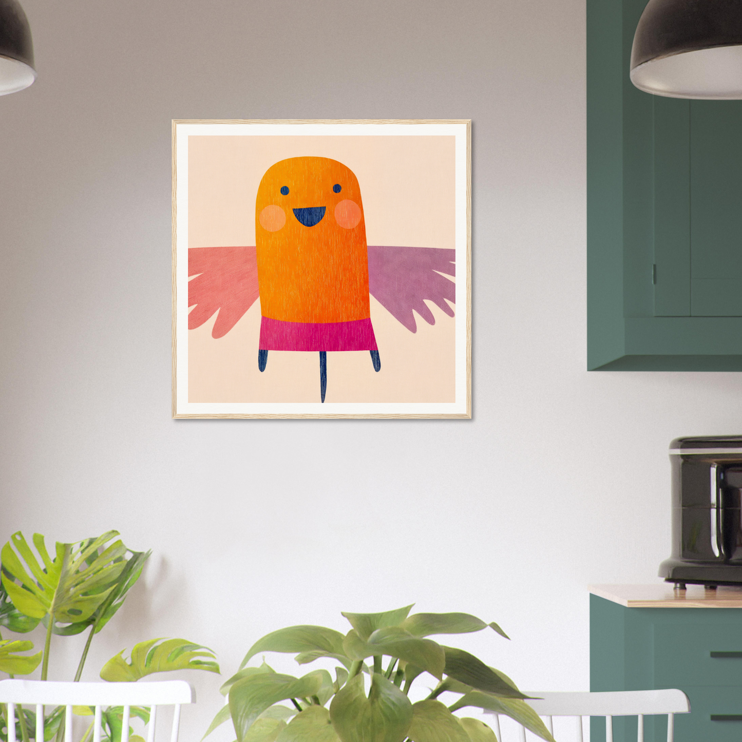 Cheerful orange bird character in blue shorts from Midflight Reverie special edition art™