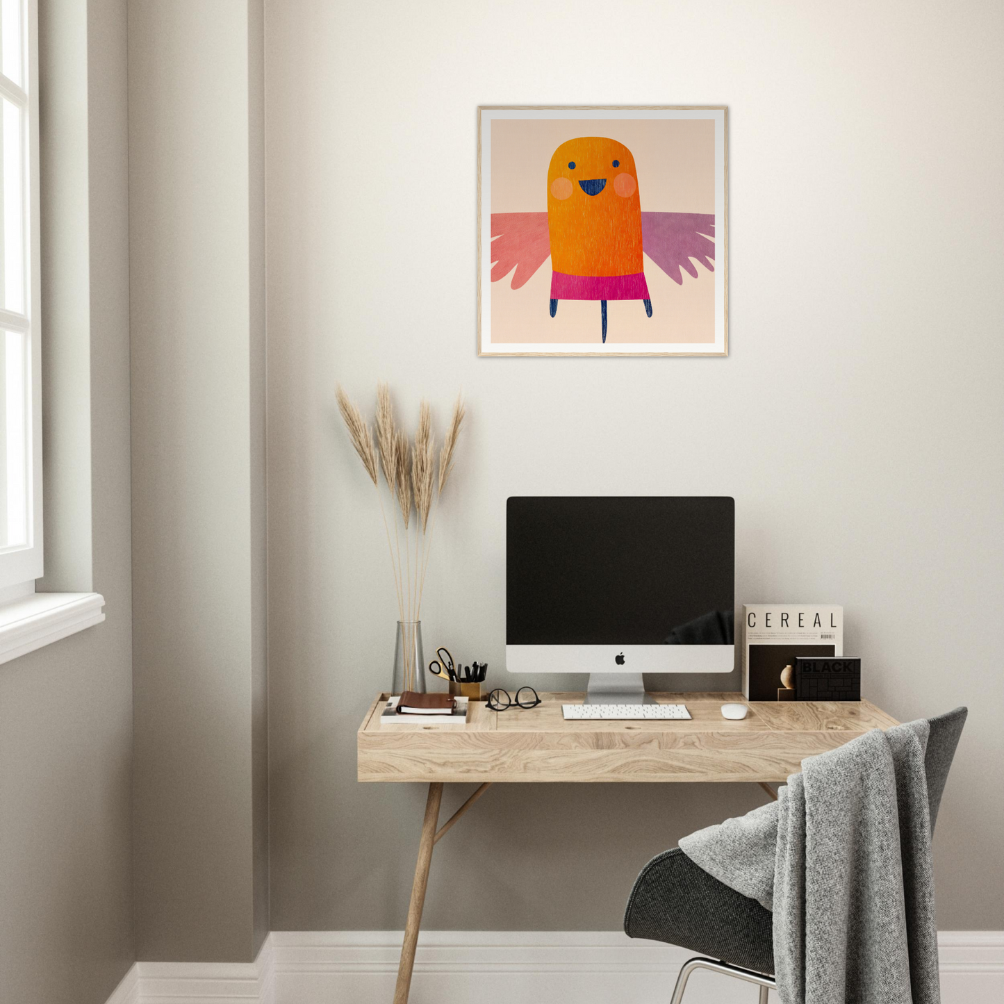Minimalist wooden desk with iMac and framed wall art from Midflight Reverie collection