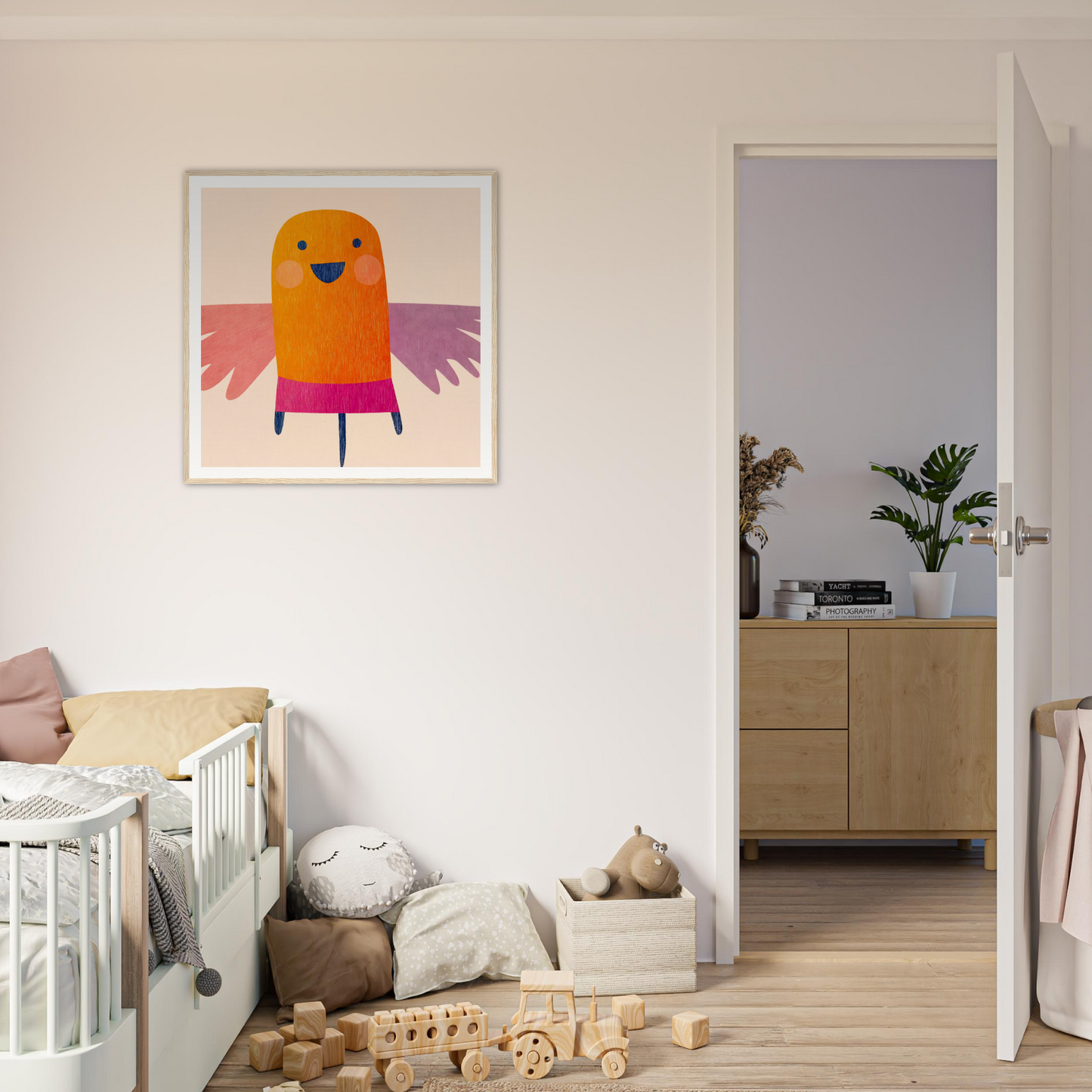 Whimsical orange bird with pink wings in Midflight Reverie framed wall art special edition