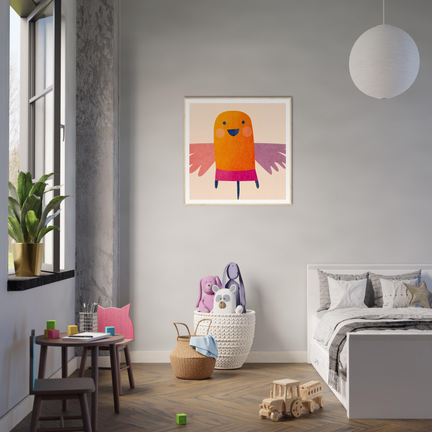 Whimsical orange bird character with pink wings in Midflight Reverie framed wall art