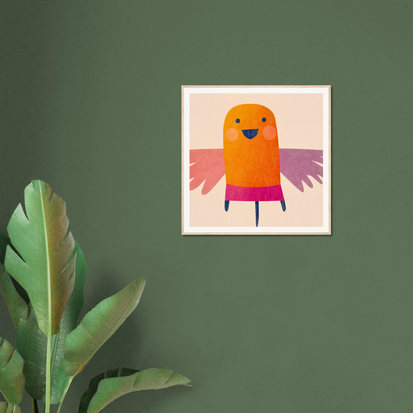 Cute orange cartoon bird with pink wings in Midflight Reverie framed wall art