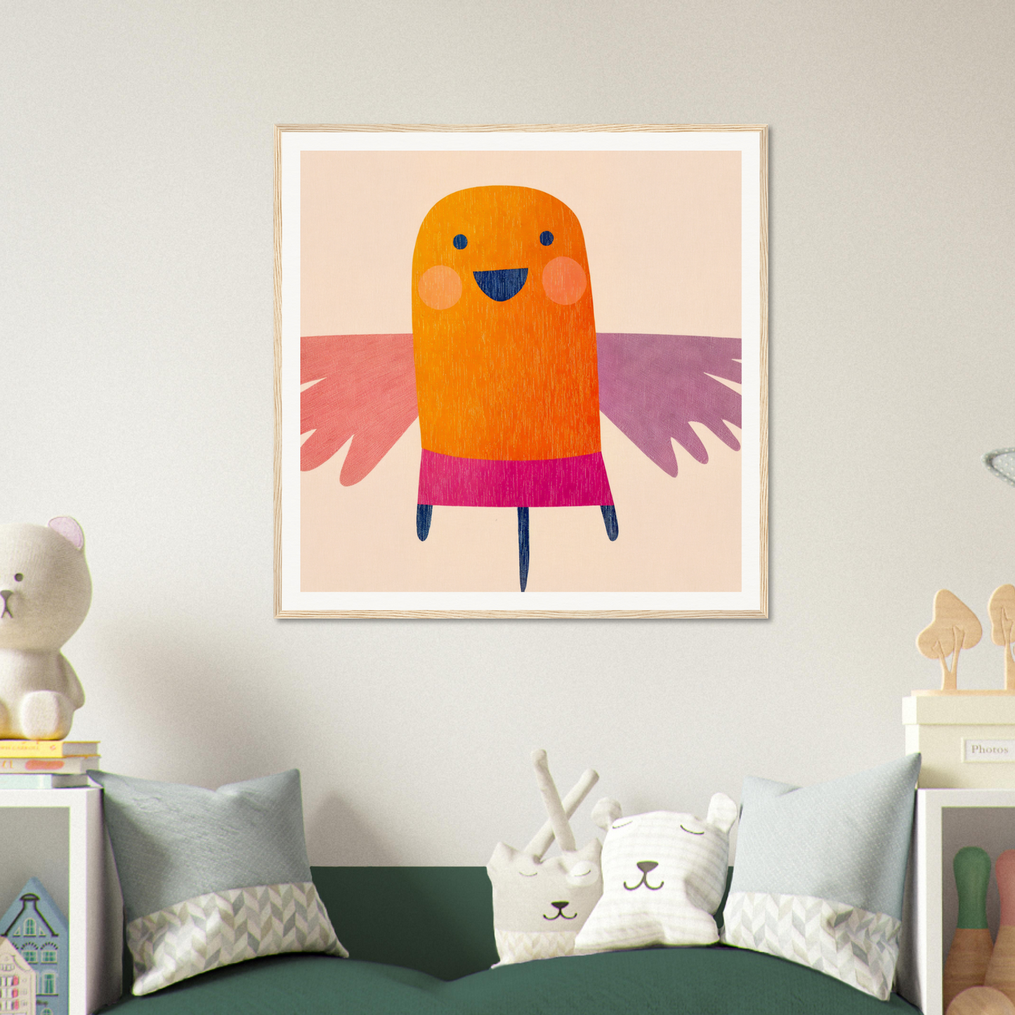Cheerful orange cartoon character with wings in Midflight Reverie framed wall art