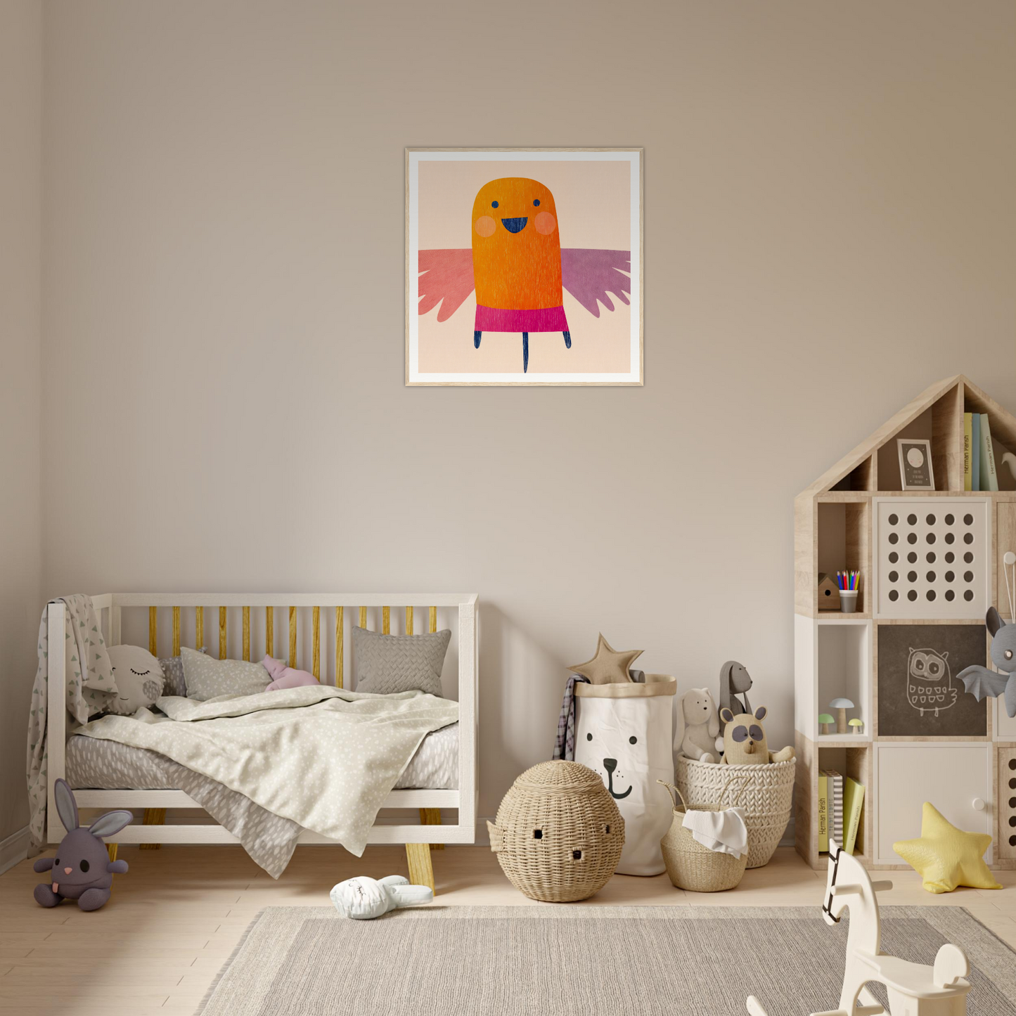 Cute cartoon bird artwork in orange and pink showcased in Midflight Reverie framed wall art