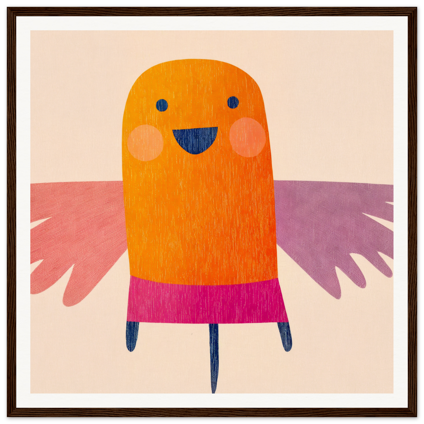 Cheerful orange bird with pink wings in magenta skirt, featured in Midflight Reverie framed wall art
