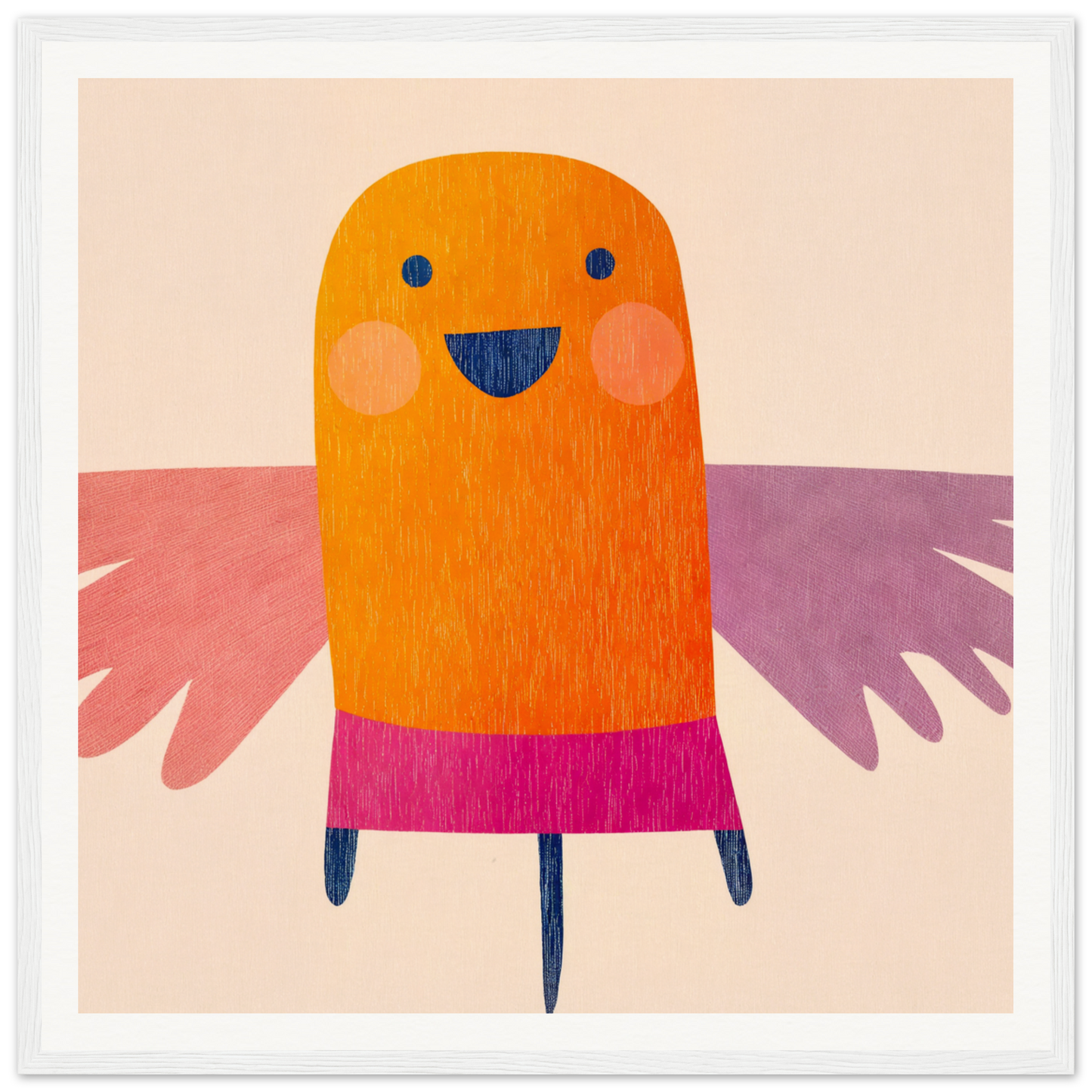 Cheerful orange bird character in pink skirt from Midflight Reverie framed wall art