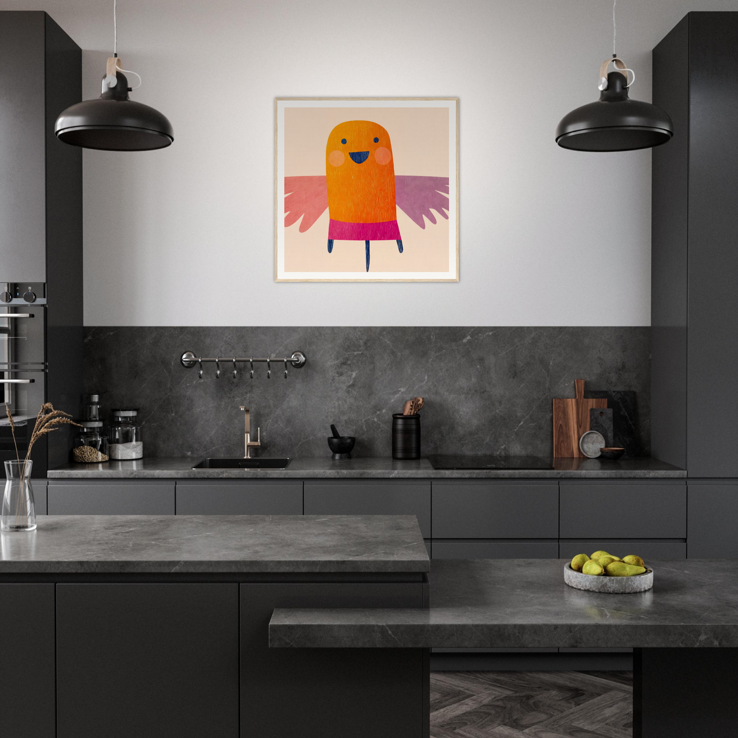 Modern dark gray kitchen featuring Midflight Reverie framed wall art as a vibrant focal point